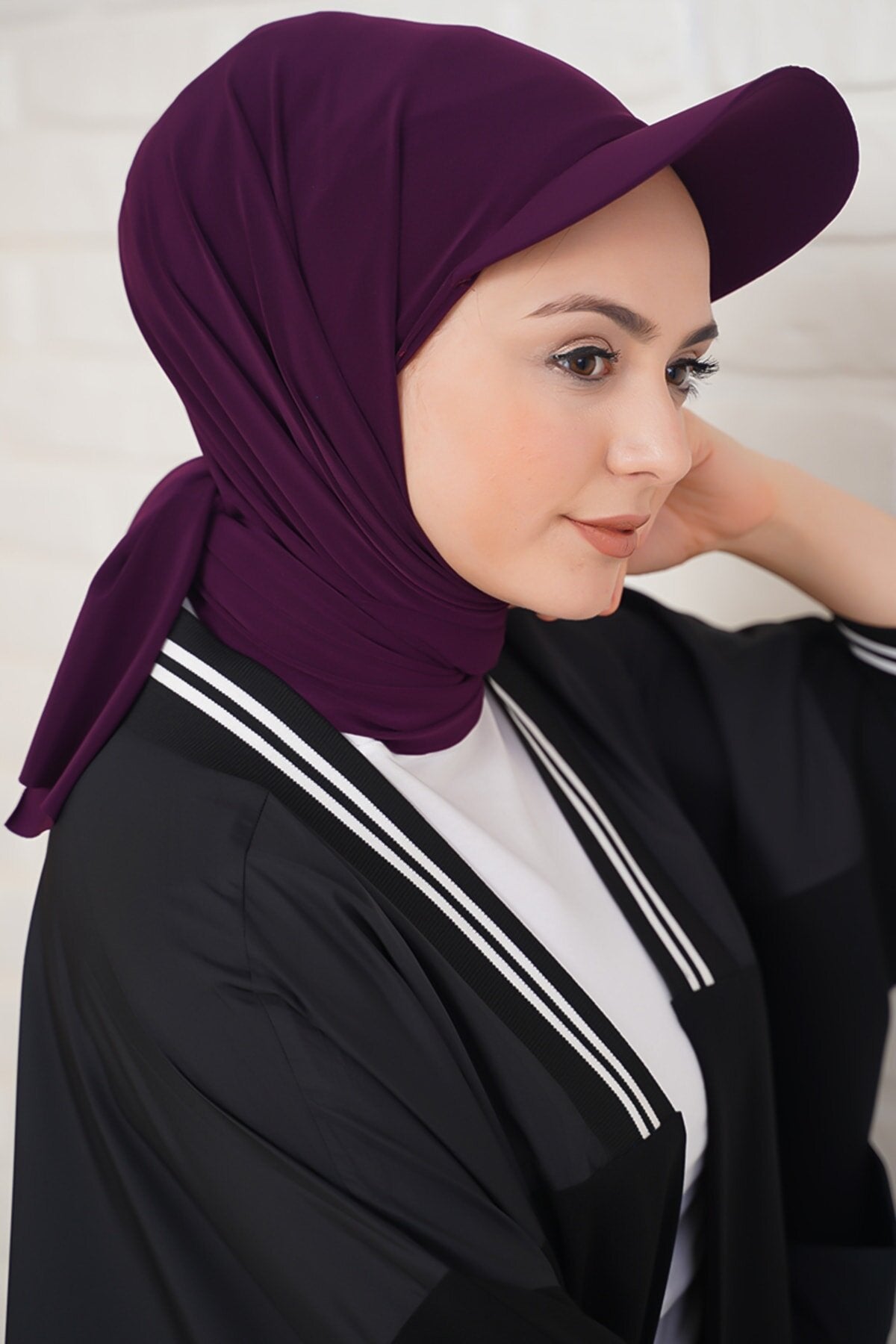 Organic Scarfs Kadın Tesettür Şapkalı Pratik Şal Hijap Bone Model Eşarp Şal - Mürdüm - Organic ScarfsOrganic Scarfs