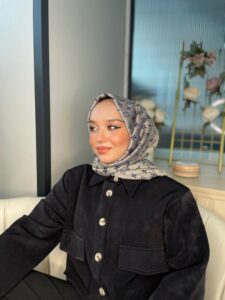 Lv Desenli İpek Kaşmir Çift Taraflı Şal - Vizon/ Lacivert