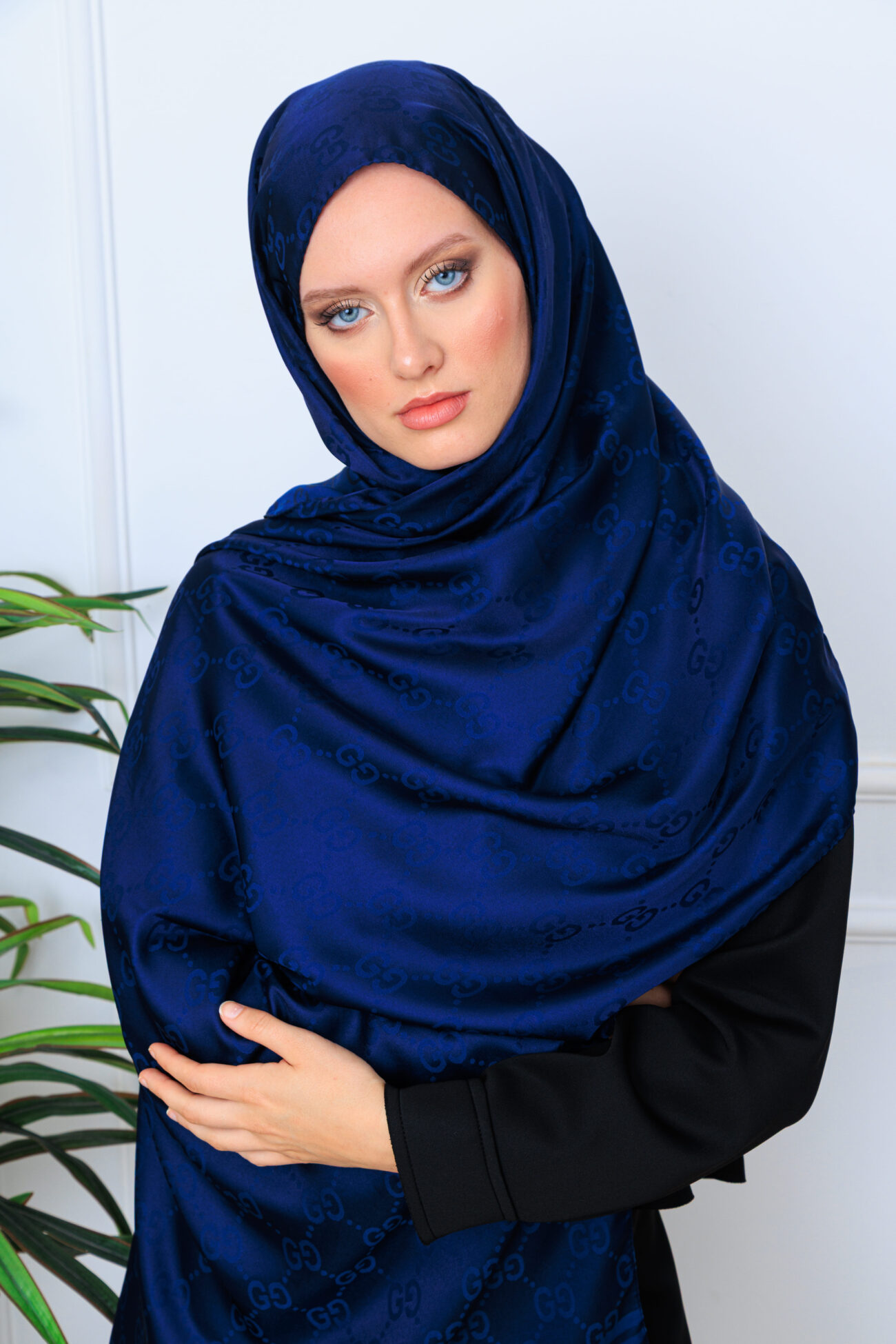 G Desen Pamuk İpeksi Jakar Şal - Lacivert - Görsel 5