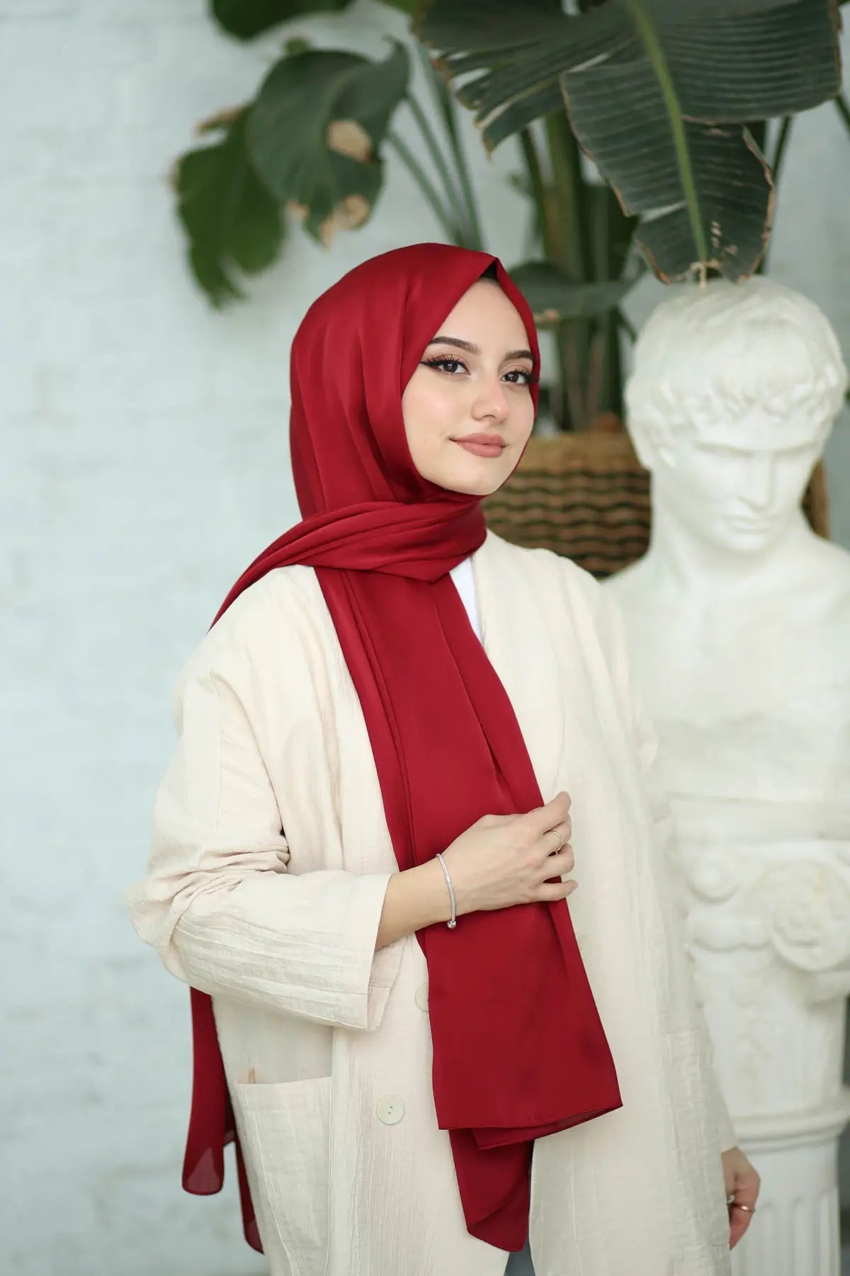 Bambu Kraş Premium İpek Şal - Kırmızı - Organic ScarfsOrganic Scarfs