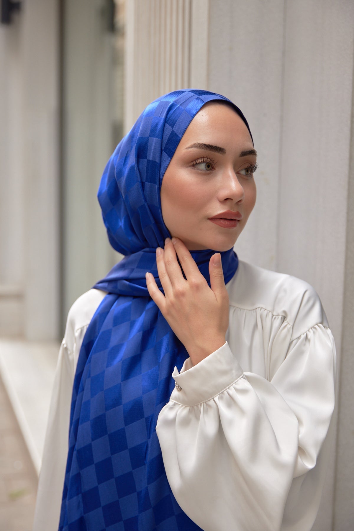 Bonjela Marka Dama İpeksi Jakar Şal - Saks - Organic ScarfsOrganic Scarfs