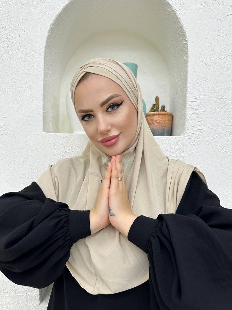 Çapraz Üç Bantlı Uzun Drape Bone - Bej - Organic ScarfsOrganic Scarfs