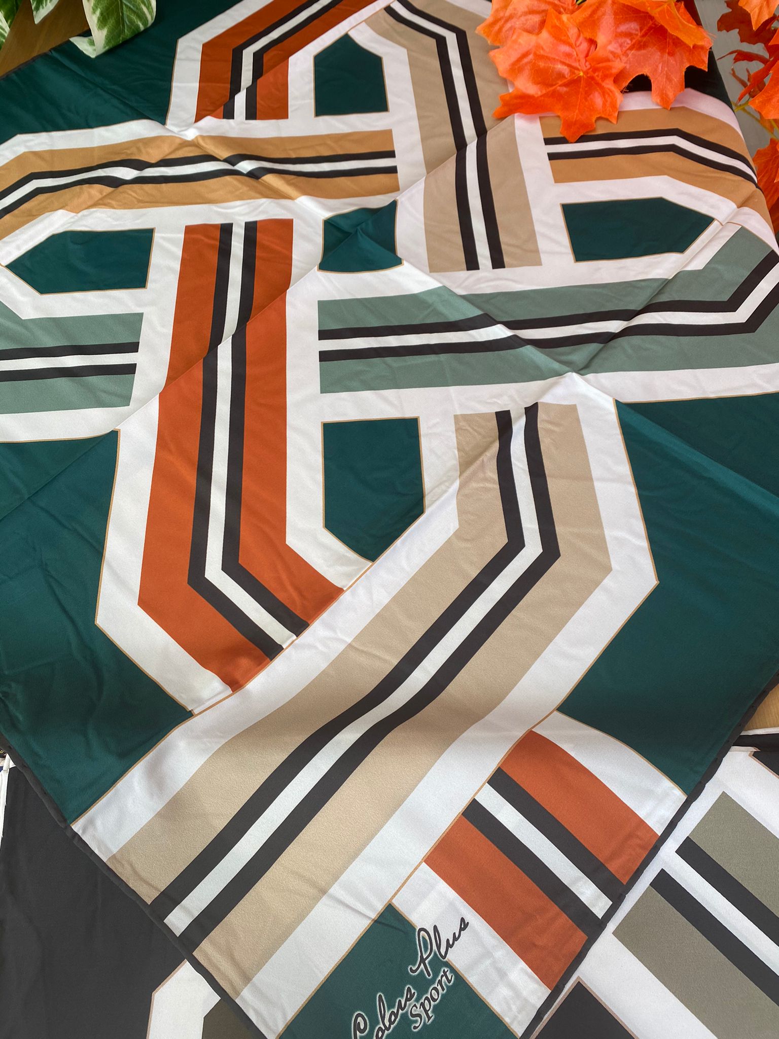 Colors Plus Marka Etnik Geometrik Desen Twill Eşarp - Zümrüt - Organic ScarfsOrganic Scarfs