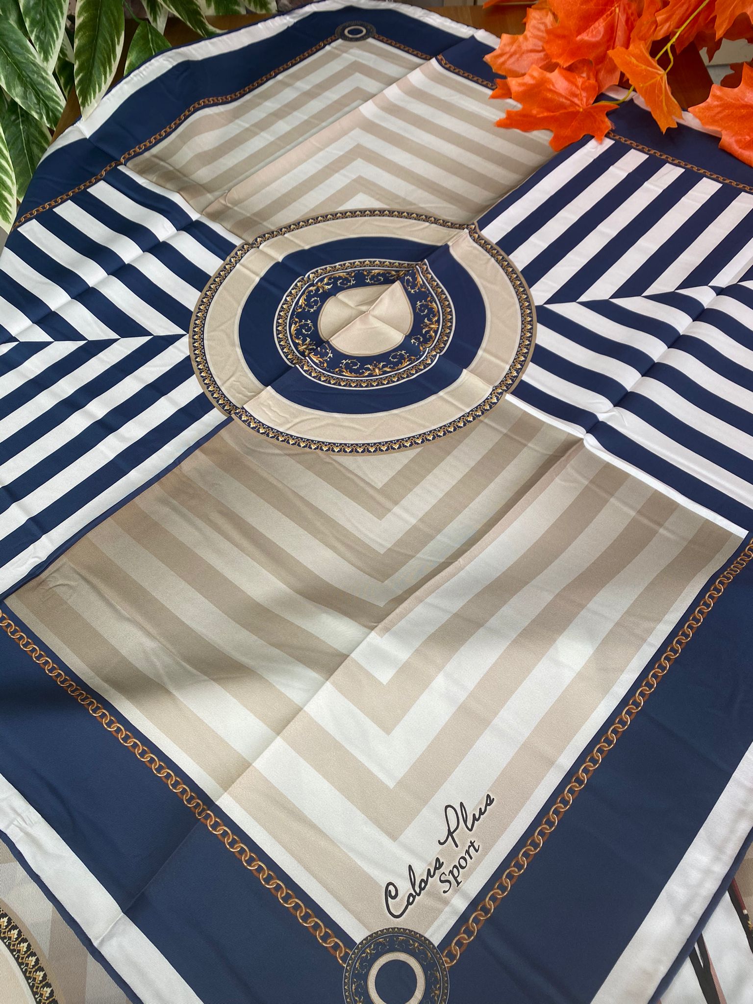 Colors Plus Marka Etnik Zincir Desen Twill Eşarp - Lacivert - Organic ScarfsOrganic Scarfs