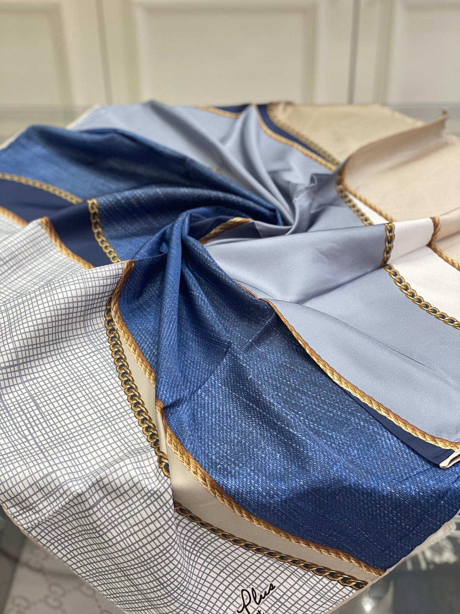 Colors Plus Marka Zincir Desen Twill Eşarp - Mavi - Organic ScarfsOrganic Scarfs