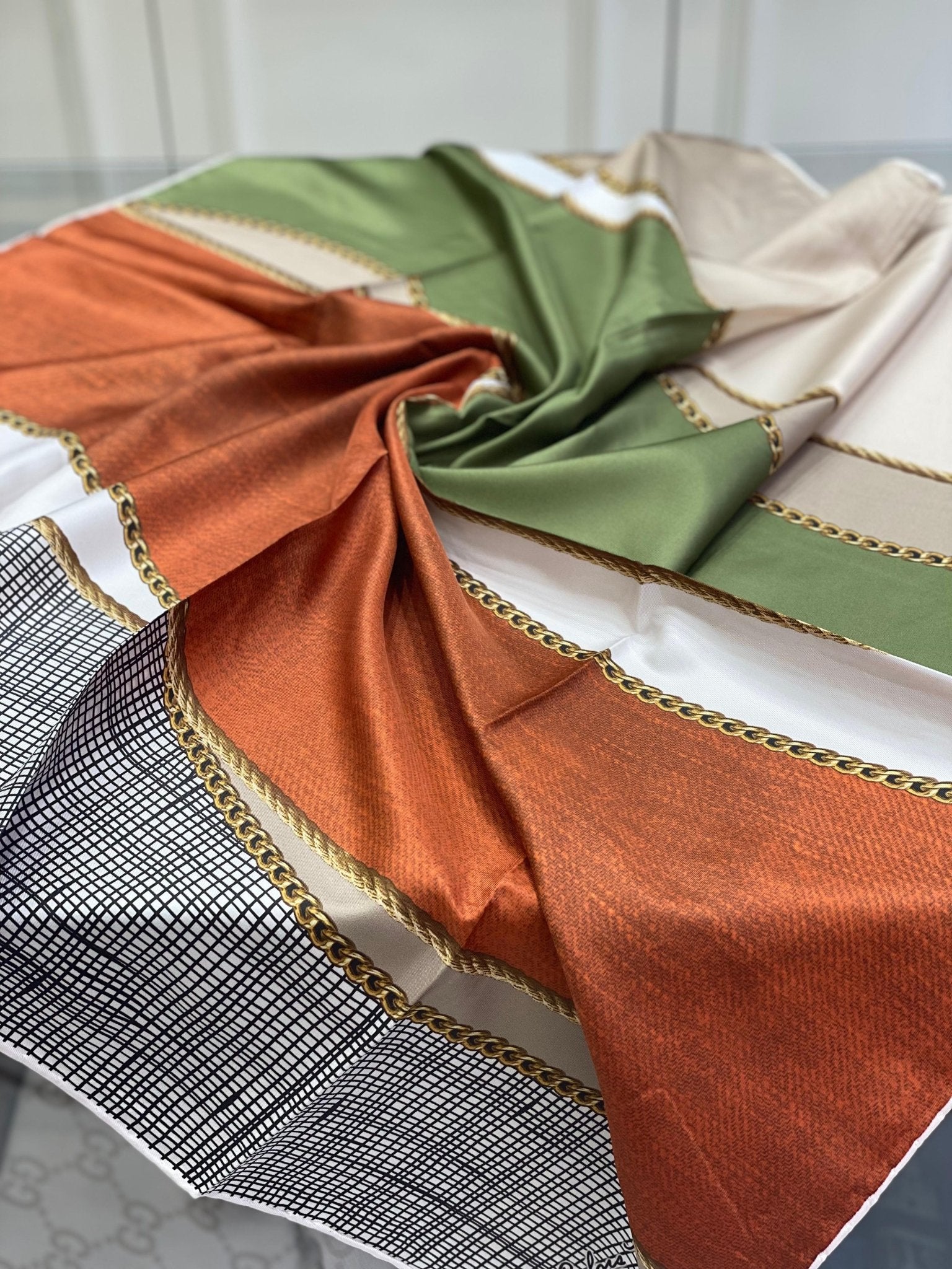 Colors Plus Marka Zincir Desen Twill Eşarp - Turuncu Yeşil - Organic ScarfsOrganic Scarfs