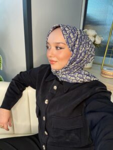 Dior Desenli İpek Kaşmir Çift Taraflı Şal 78002 - Vizon/ Lacivert