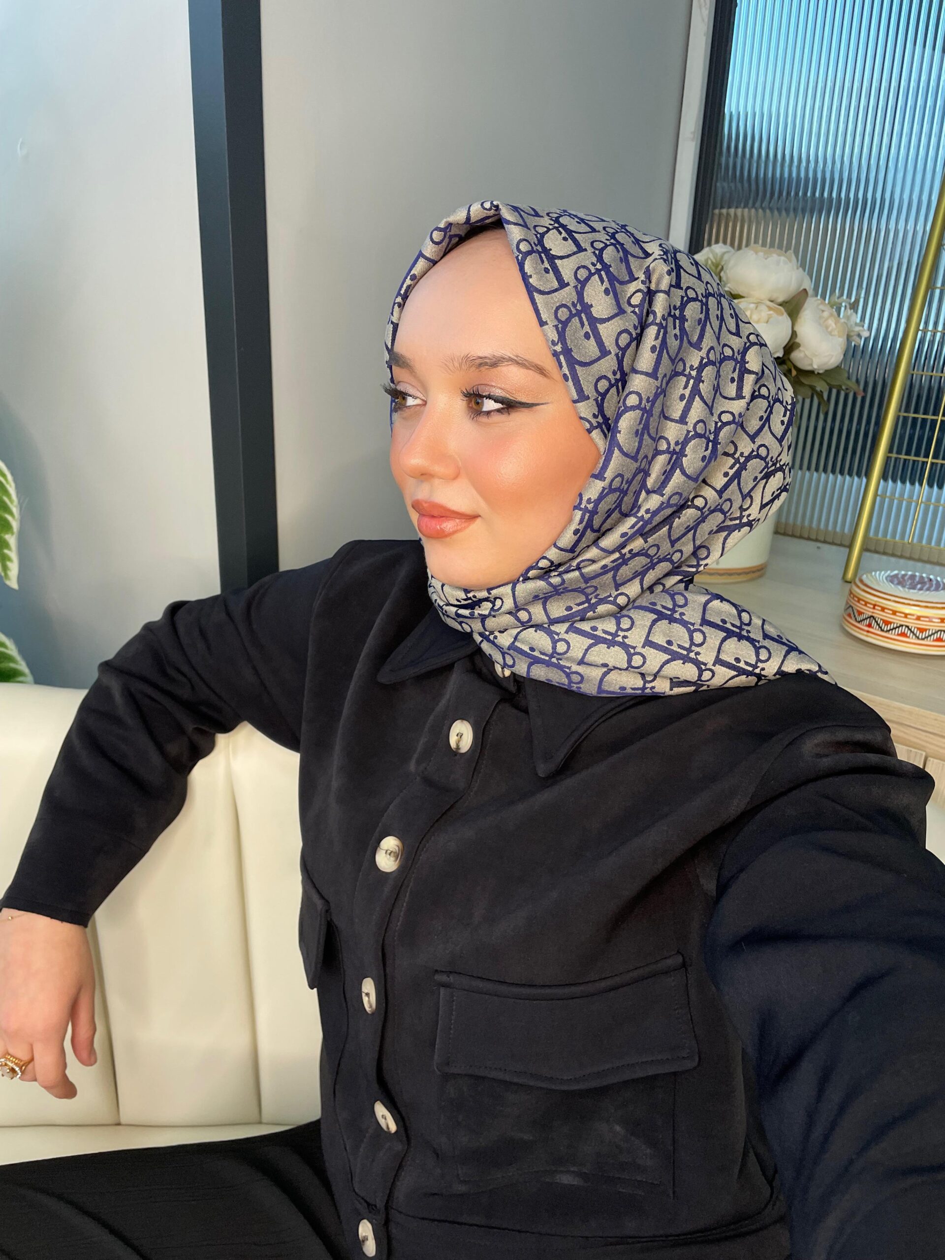 Dior Desenli İpek Kaşmir Çift Taraflı Şal 78002 - Vizon/ Lacivert