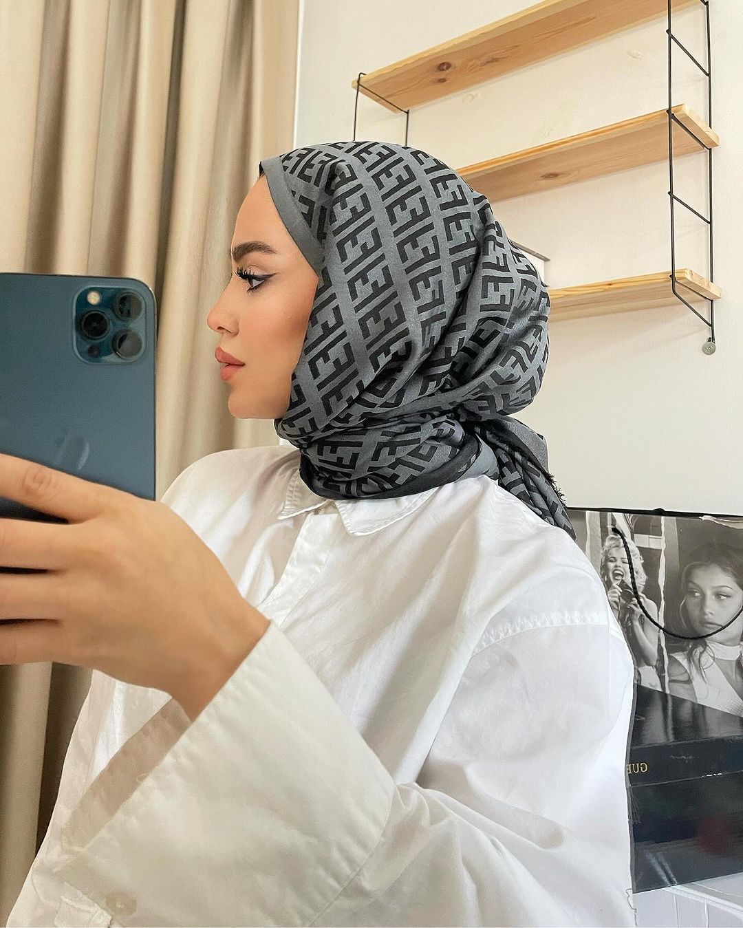 F Desenli İpek Kaşmir Çift Taraflı Şal - Antrasit - Organic ScarfsOrganic Scarfs