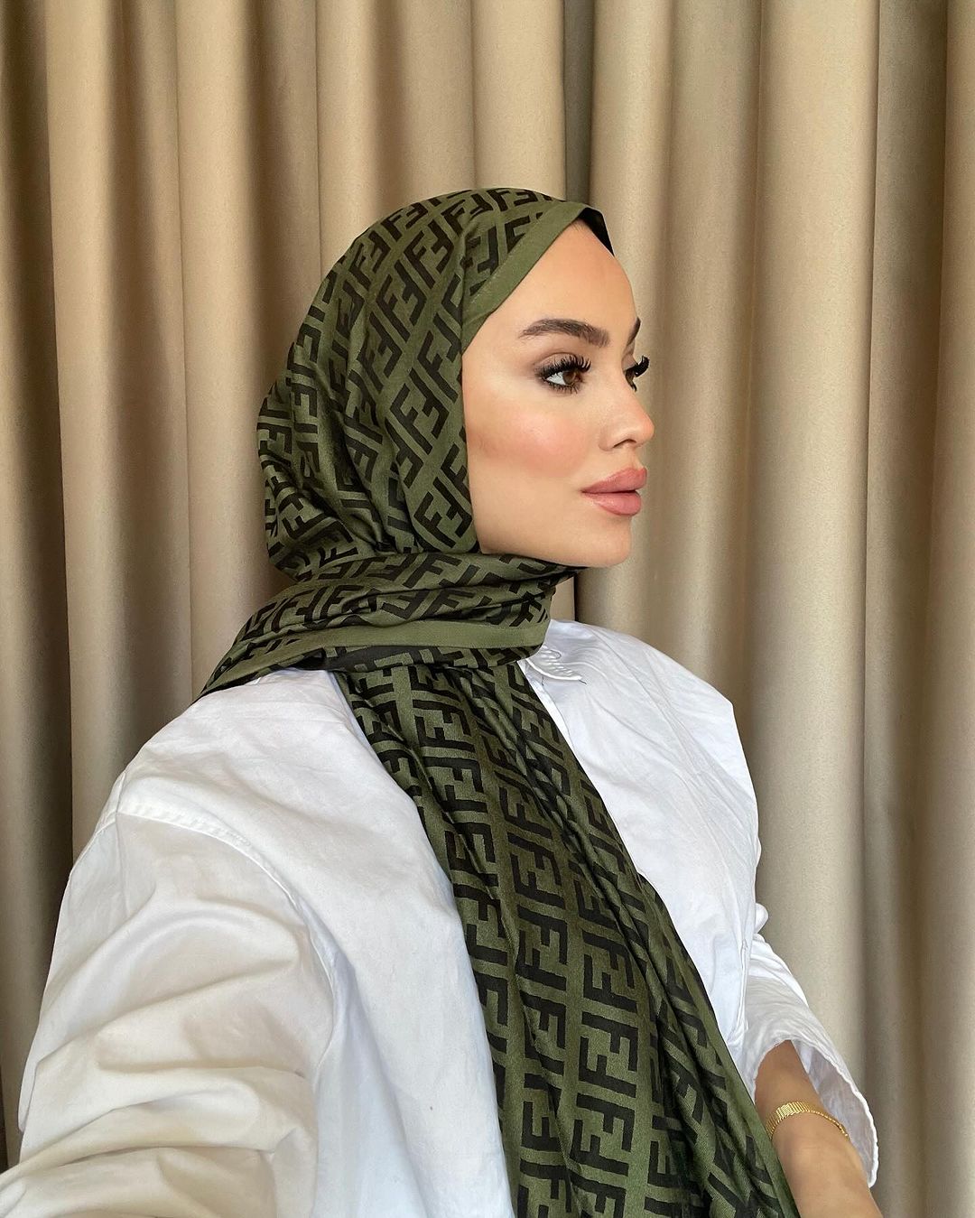 F Desenli İpek Kaşmir Çift Taraflı Şal - Haki - Organic ScarfsOrganic Scarfs