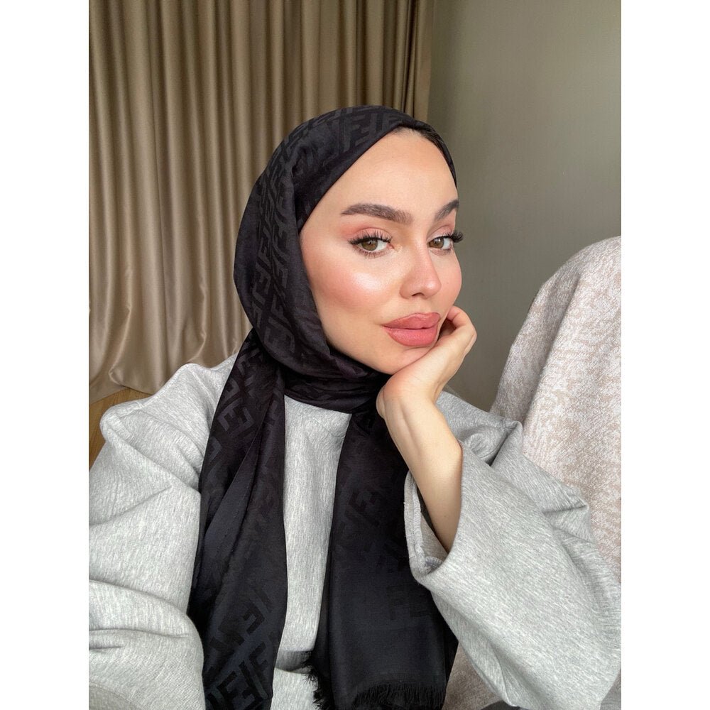 F Desenli İpek Kaşmir Çift Taraflı Şal - Siyah - Organic ScarfsOrganic Scarfs
