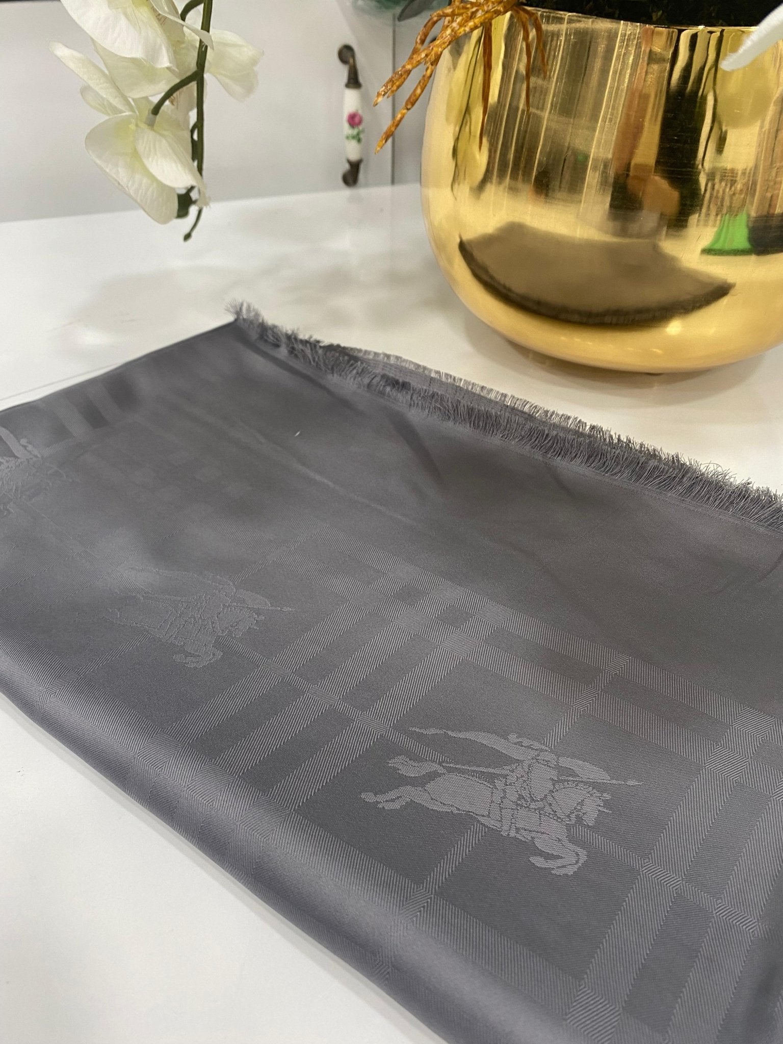 Hermes Desenli İpeksi Jakar Şal - Antrasit - Organic ScarfsOrganic Scarfs