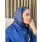 Lv Desenli İpek Kaşmir Çift Taraflı Şal- Lacivert