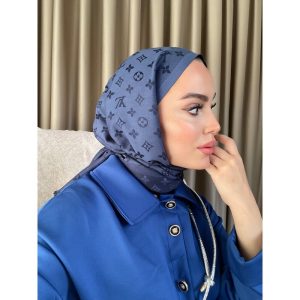 Lv Desenli İpek Kaşmir Çift Taraflı Şal- Lacivert