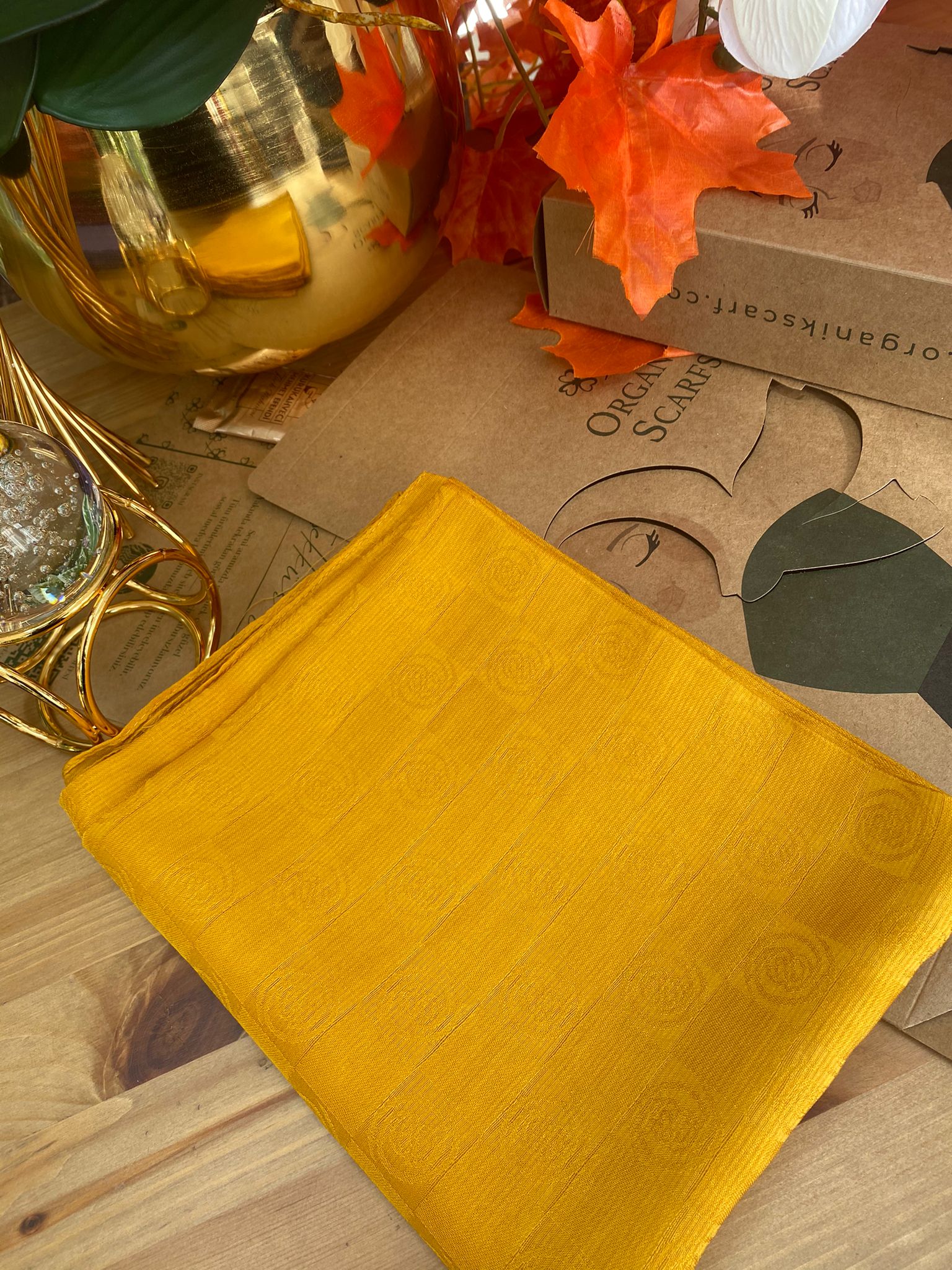 Monogram Desen Pamuk İpek Jakar Şal - Safran - Organic ScarfsOrganic Scarfs