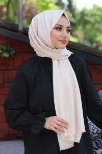 Organic Scarfs Bambu Kraş Şal Modeli -Açik krem