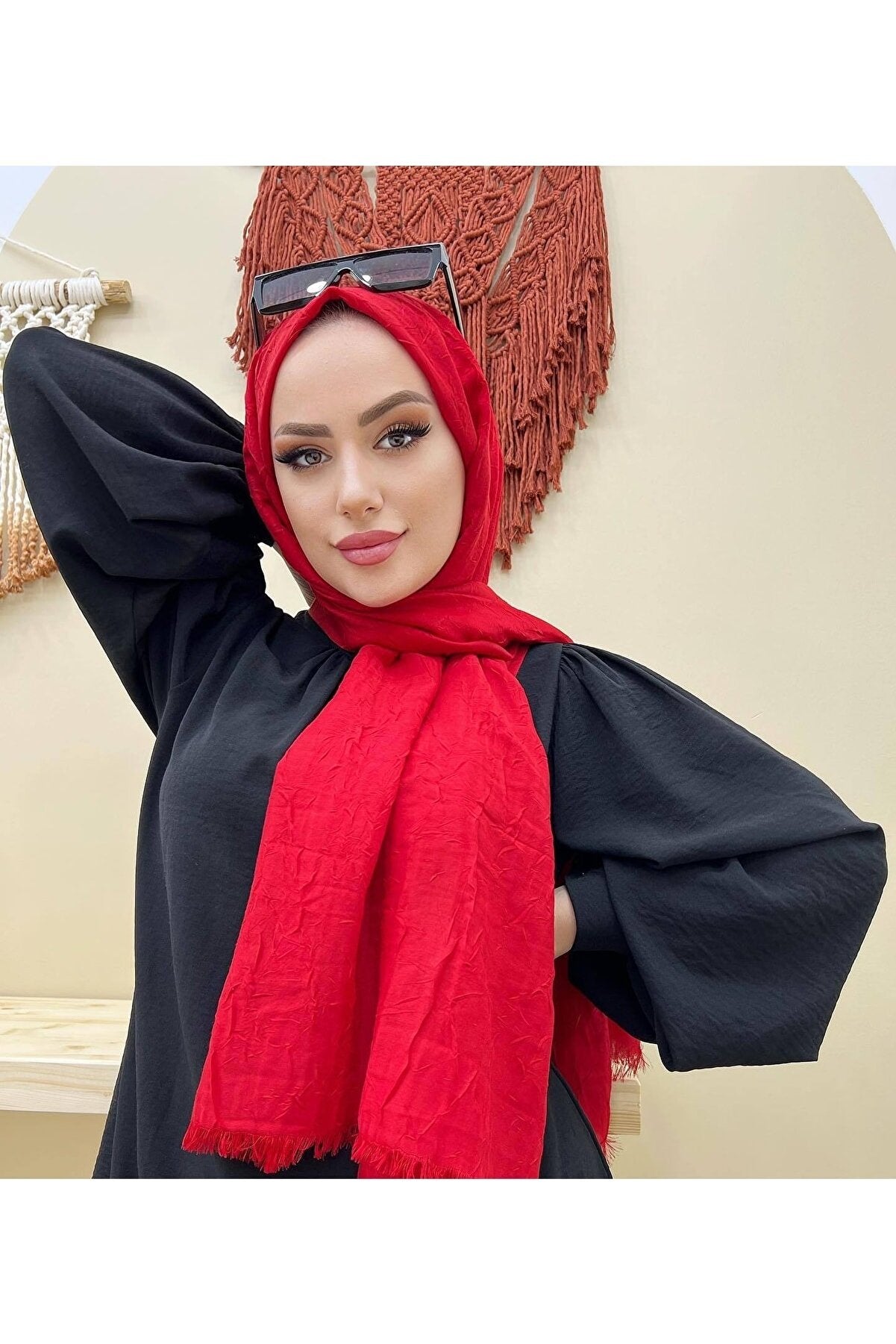 Organic Scarfs Bambu Kraş Şal Modeli - Kırmızı