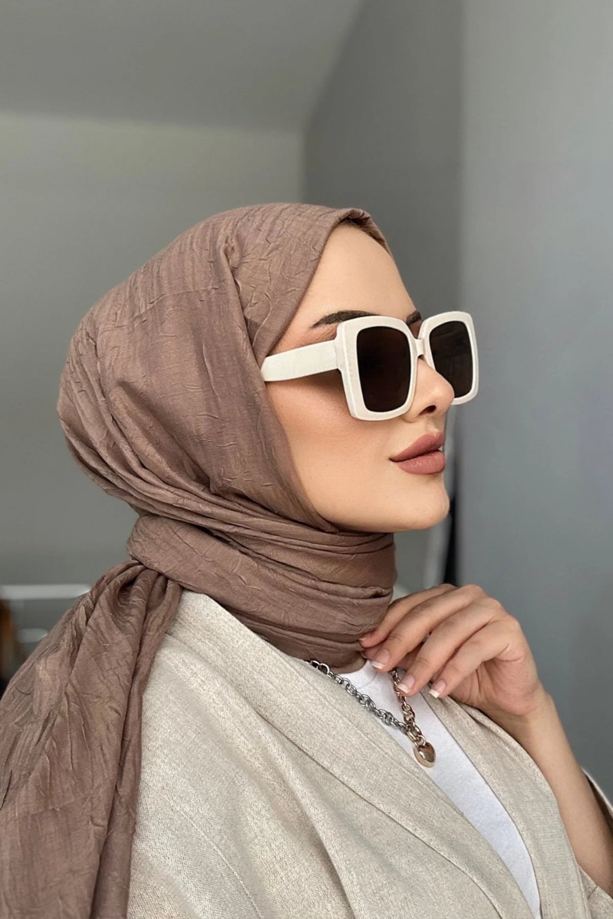 Organic Scarfs Bambu Kraş Şal Modeli - Vizon - Organic ScarfsOrganic Scarfs