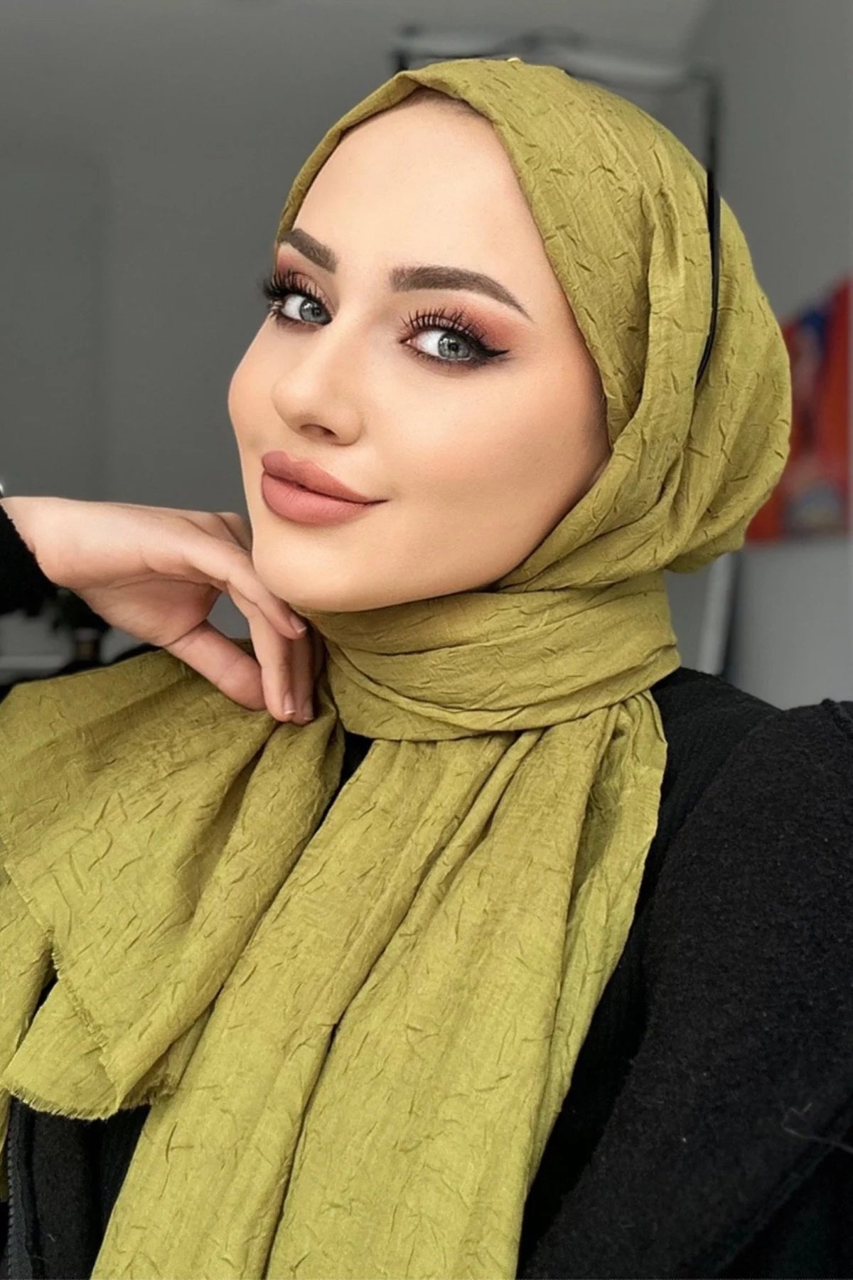 Organic Scarfs Bambu Kraş Şal Modeli - Yağ Yeşili - Organic ScarfsOrganic Scarfs