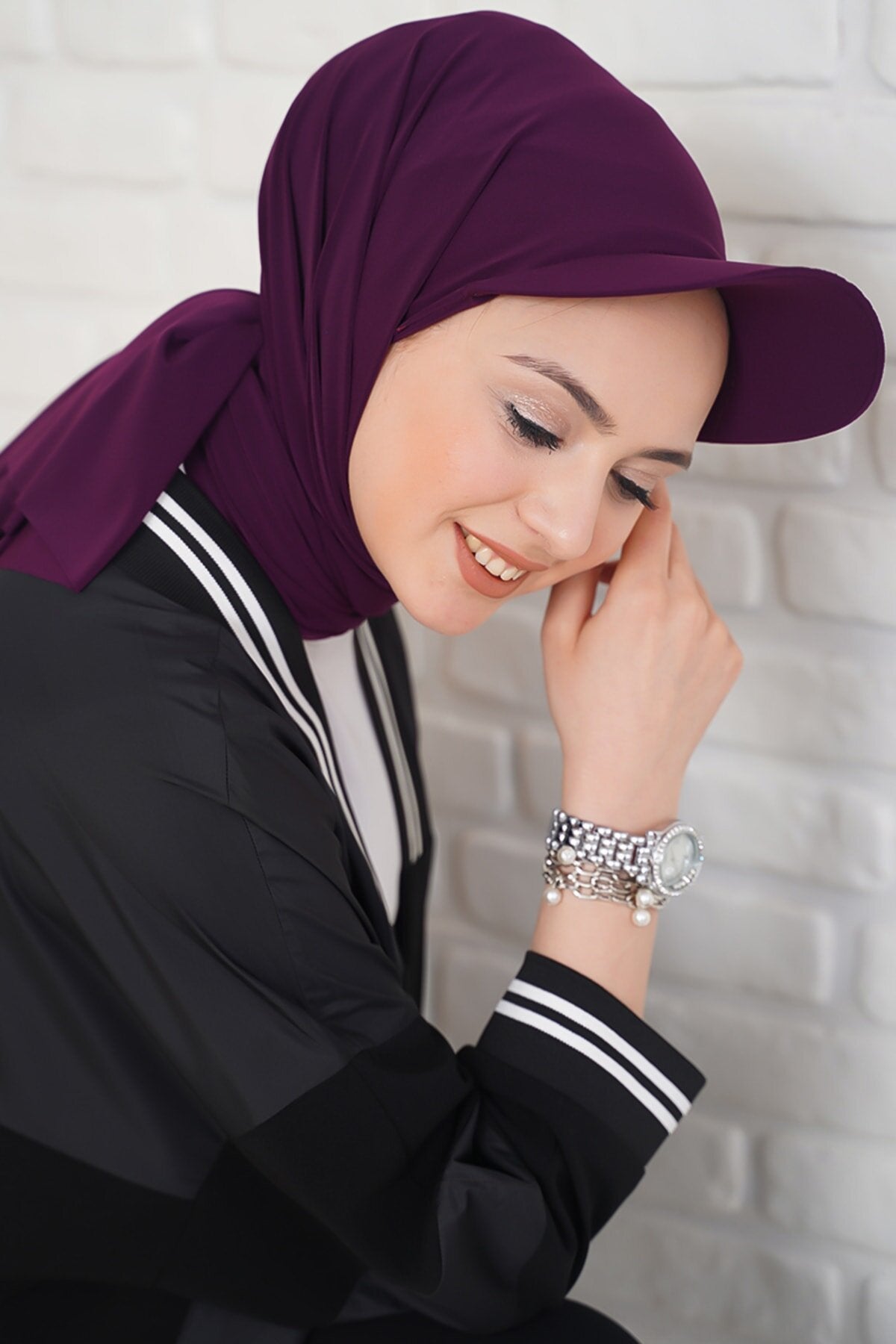 Organic Scarfs Kadın Tesettür Şapkalı Pratik Şal Hijap Bone Model Eşarp Şal - Mürdüm - Organic ScarfsOrganic Scarfs