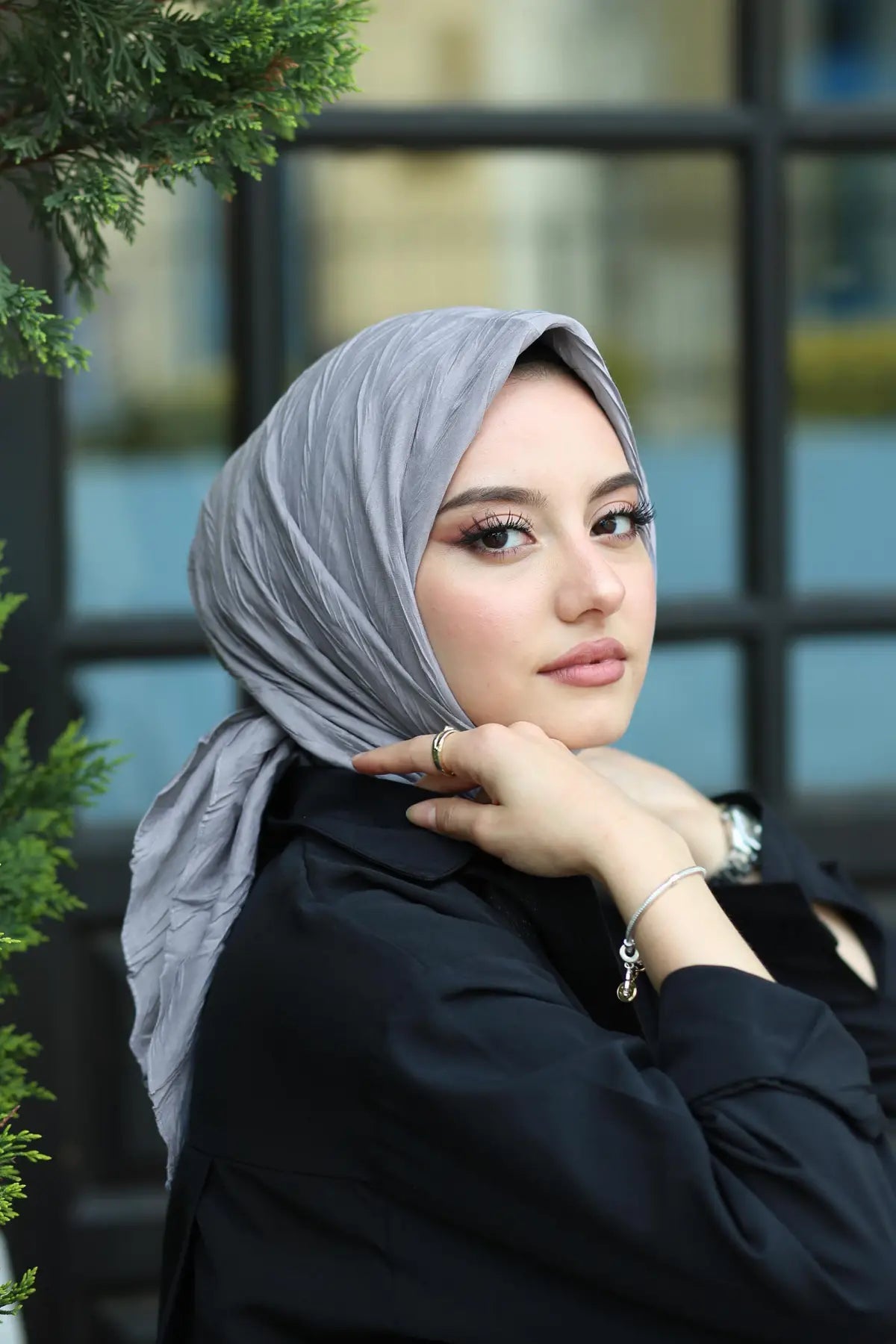 Piliseli Ağaç Kabuğu Eşarp - Gri - Organic ScarfsOrganic Scarfs