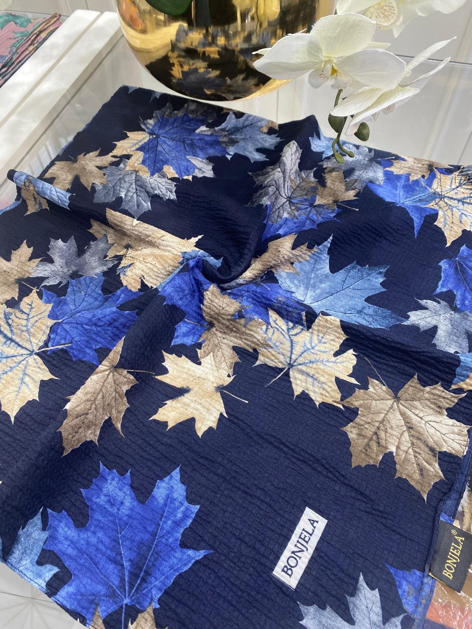 Yaprak Desen Mio Caz Eşarp - Lacivert - İndigo - Organic ScarfsOrganic Scarfs