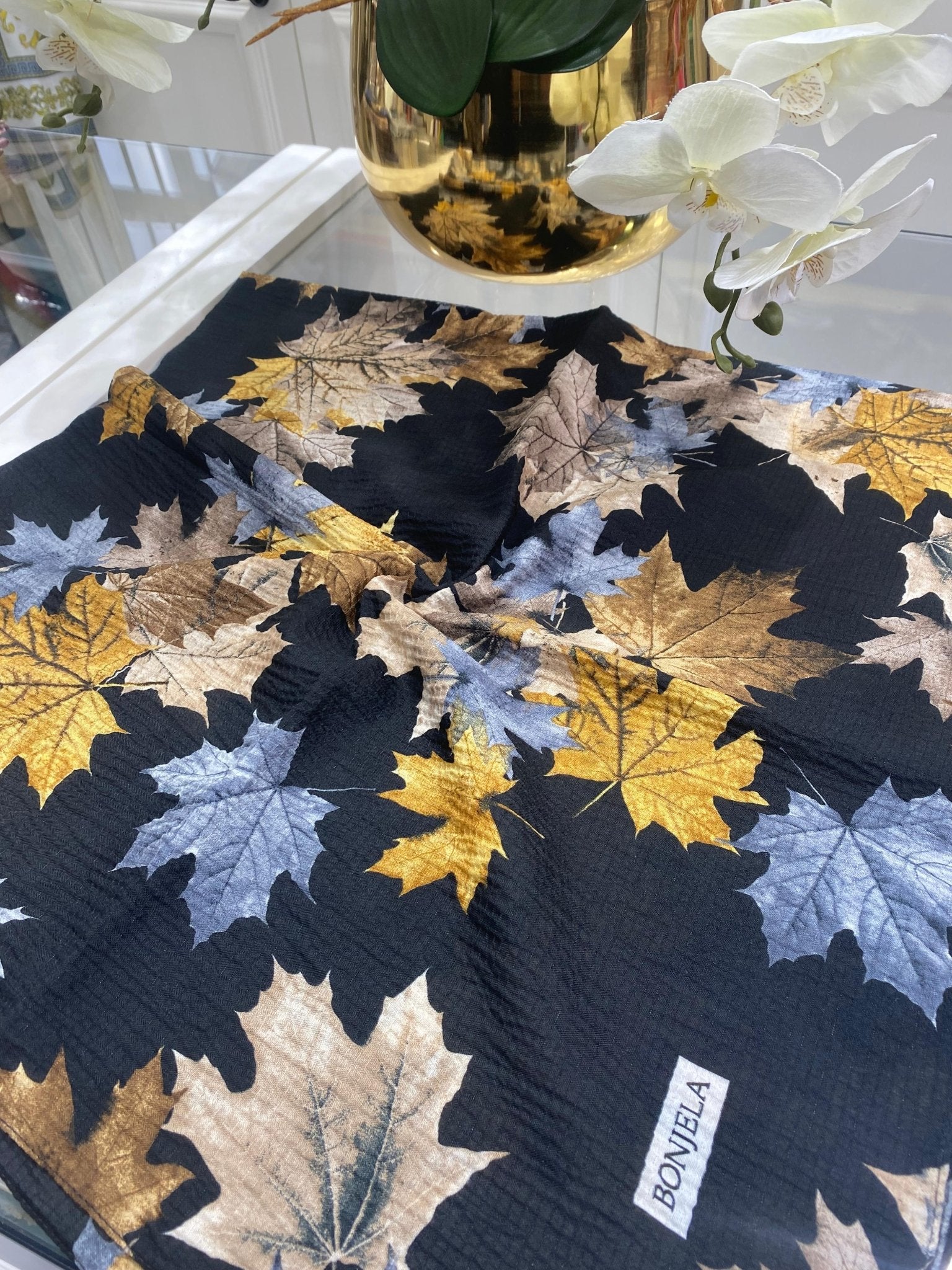 Yaprak Desen Mio Caz Eşarp - Siyah - Hardal - Organic ScarfsOrganic Scarfs