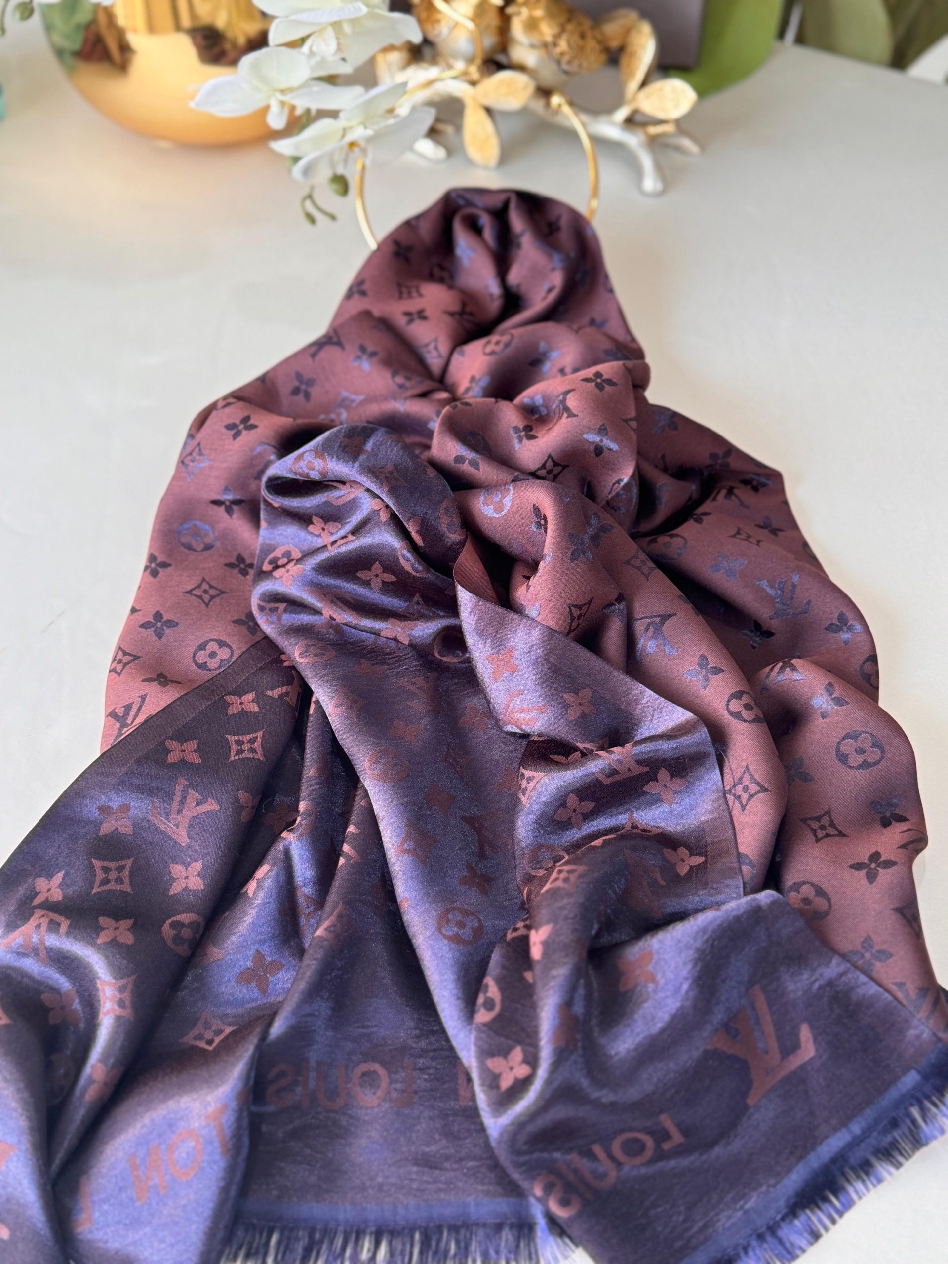 LV DESEN Çift taraflı İpeksi Jakar Şal - Bakır - Görsel 2