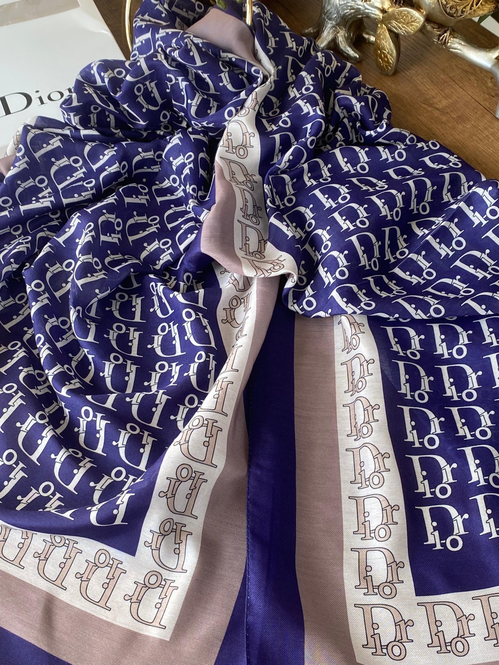 Dior Desen Pamuk Soft Şal - Lacivert - Camel