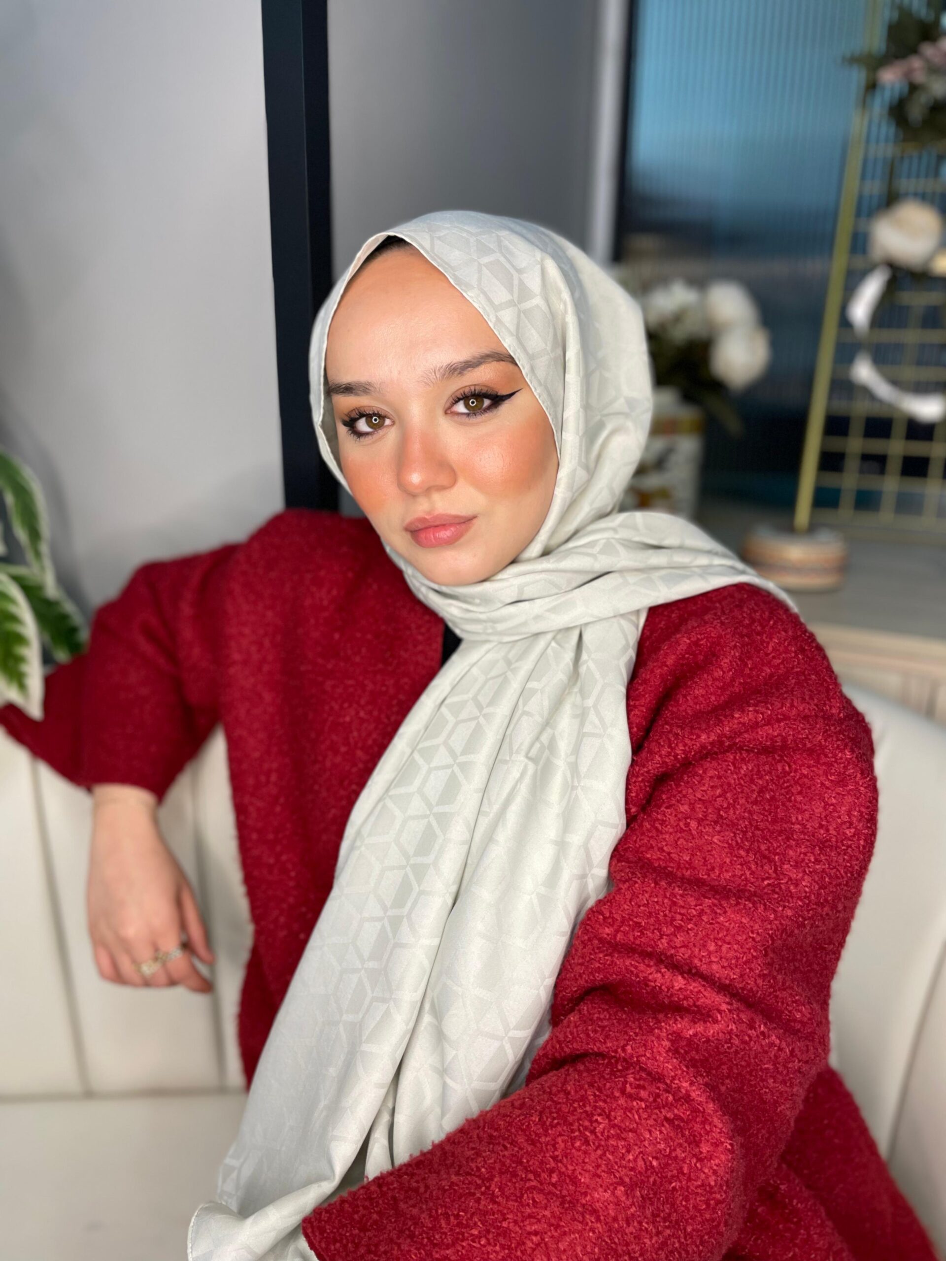 Elmas Desen Pamuk Jakar Şal - Ekru - Görsel 2