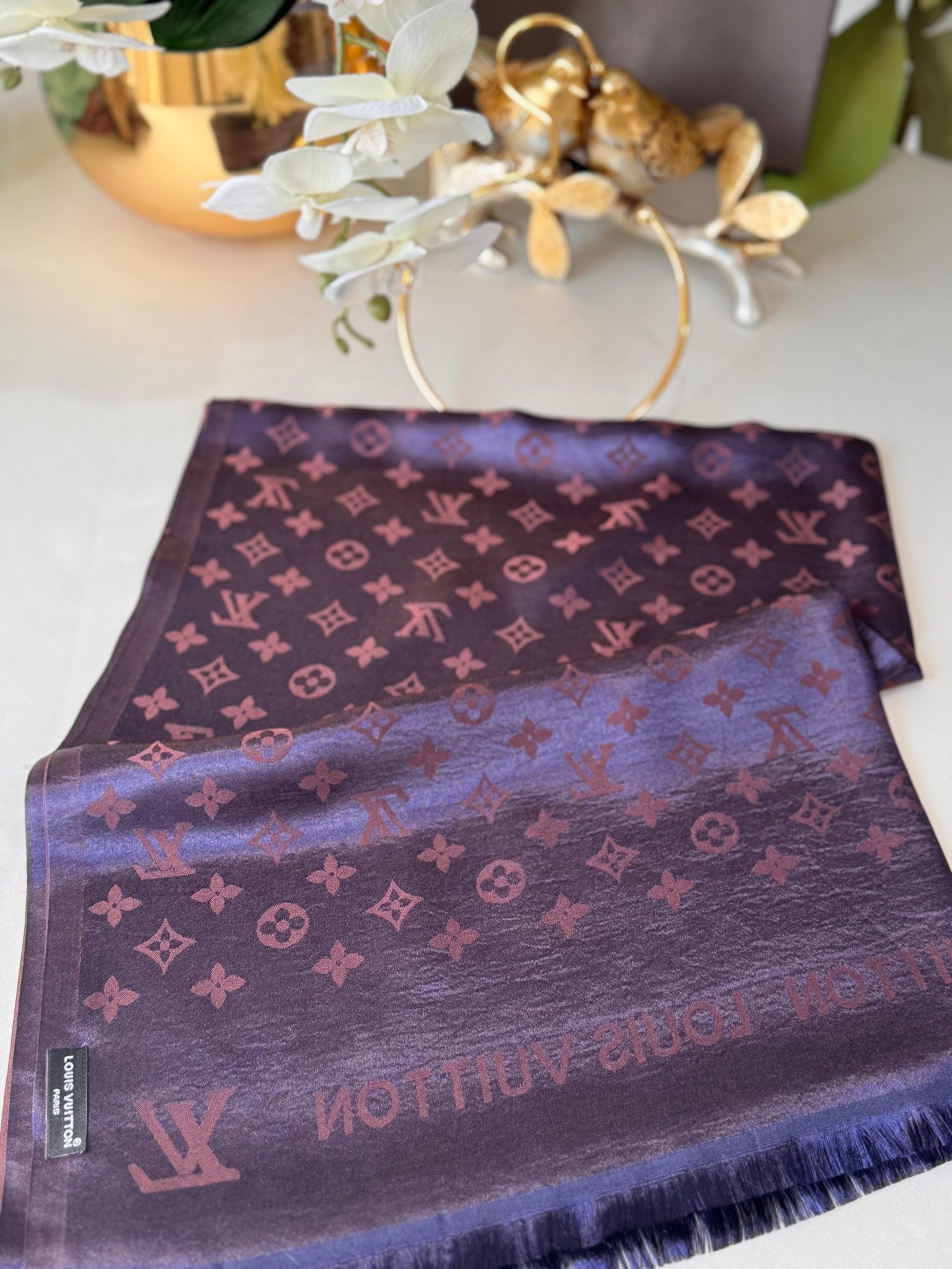 LV DESEN Çift taraflı İpeksi Jakar Şal - Bakır