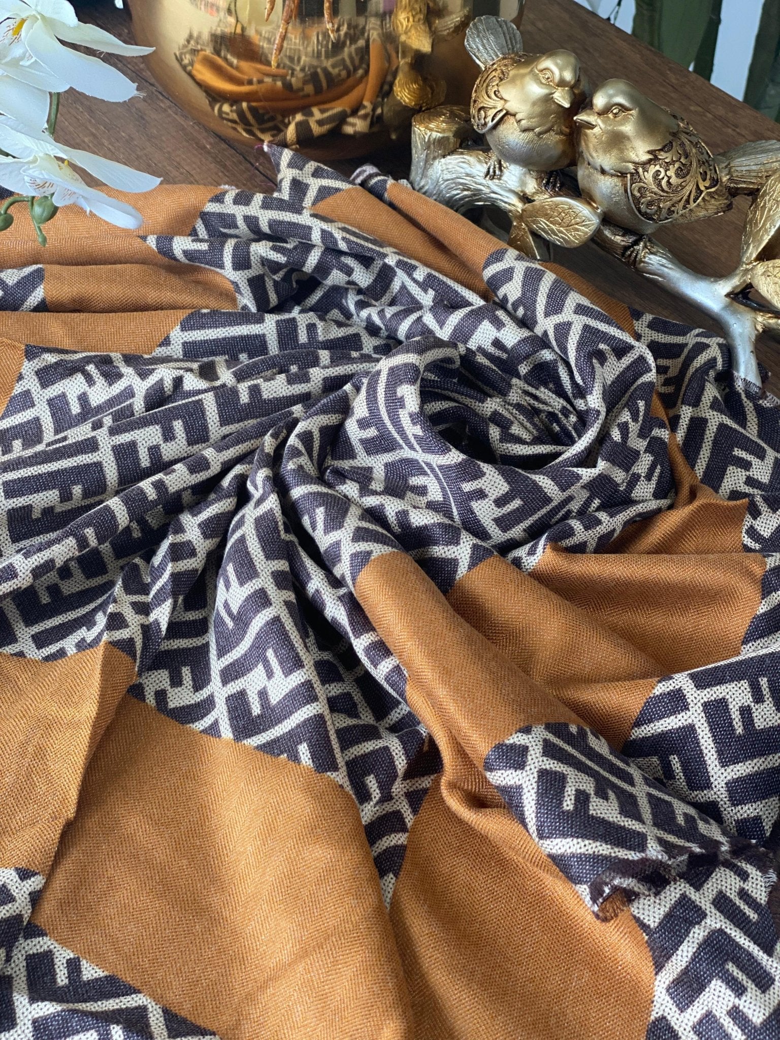 F Desen % 100 Kaşmir Eşarp - Hardal - Organic ScarfsOrganic Scarfs