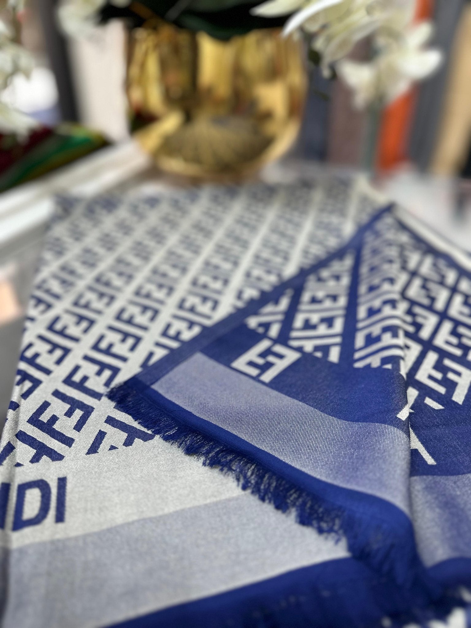 F Desenli İpek Kaşmir Çift Taraflı Şal - Vizon/ Lacivert - Organic ScarfsOrganic Scarfs