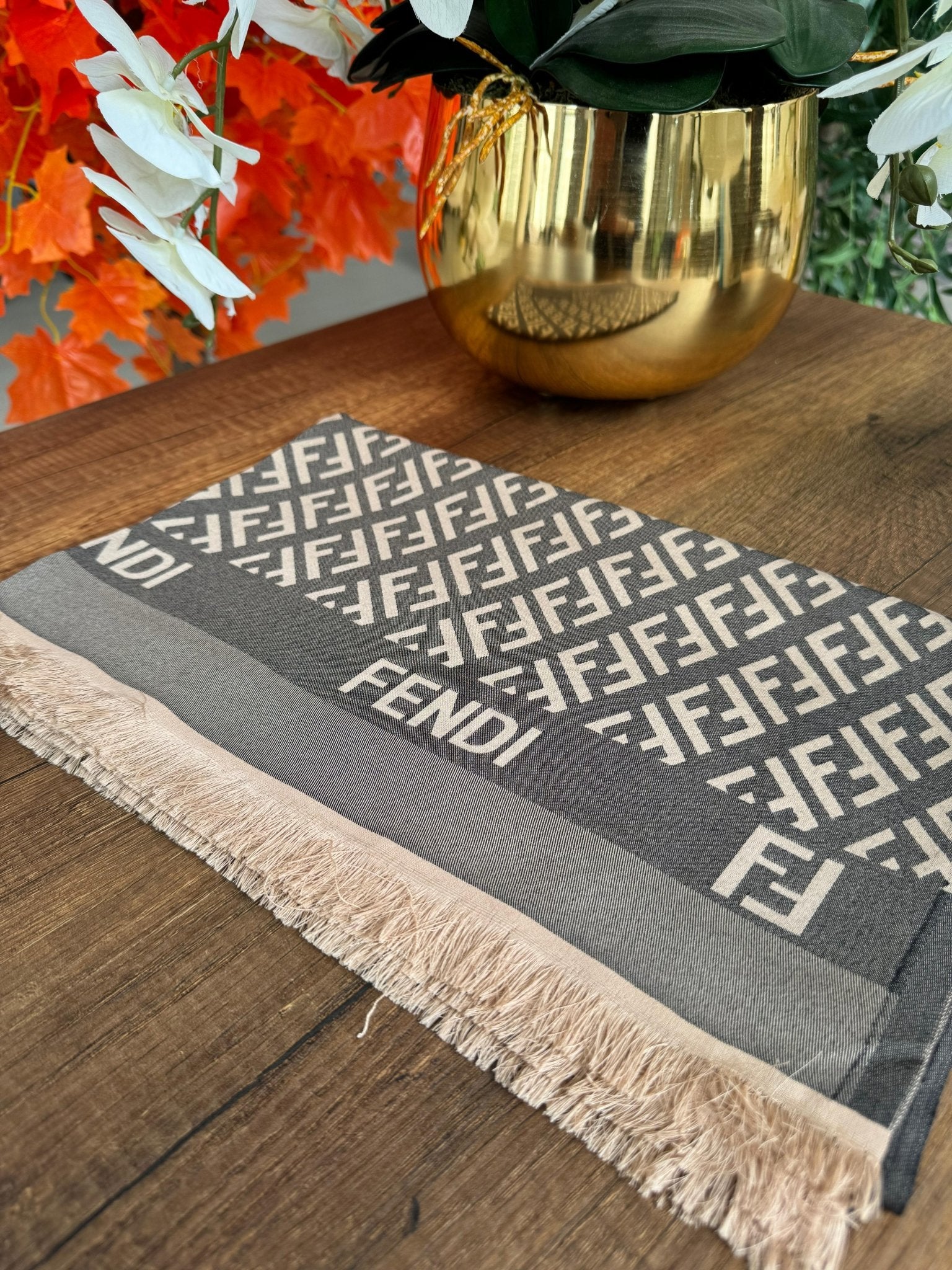 F Desenli İpek Kaşmir Çift Taraflı Şal - Vizon - Organic ScarfsOrganic Scarfs