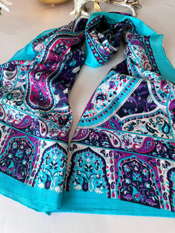 Etro Otantik Desen Pamuk Şal 44136 - Mavi/Mor