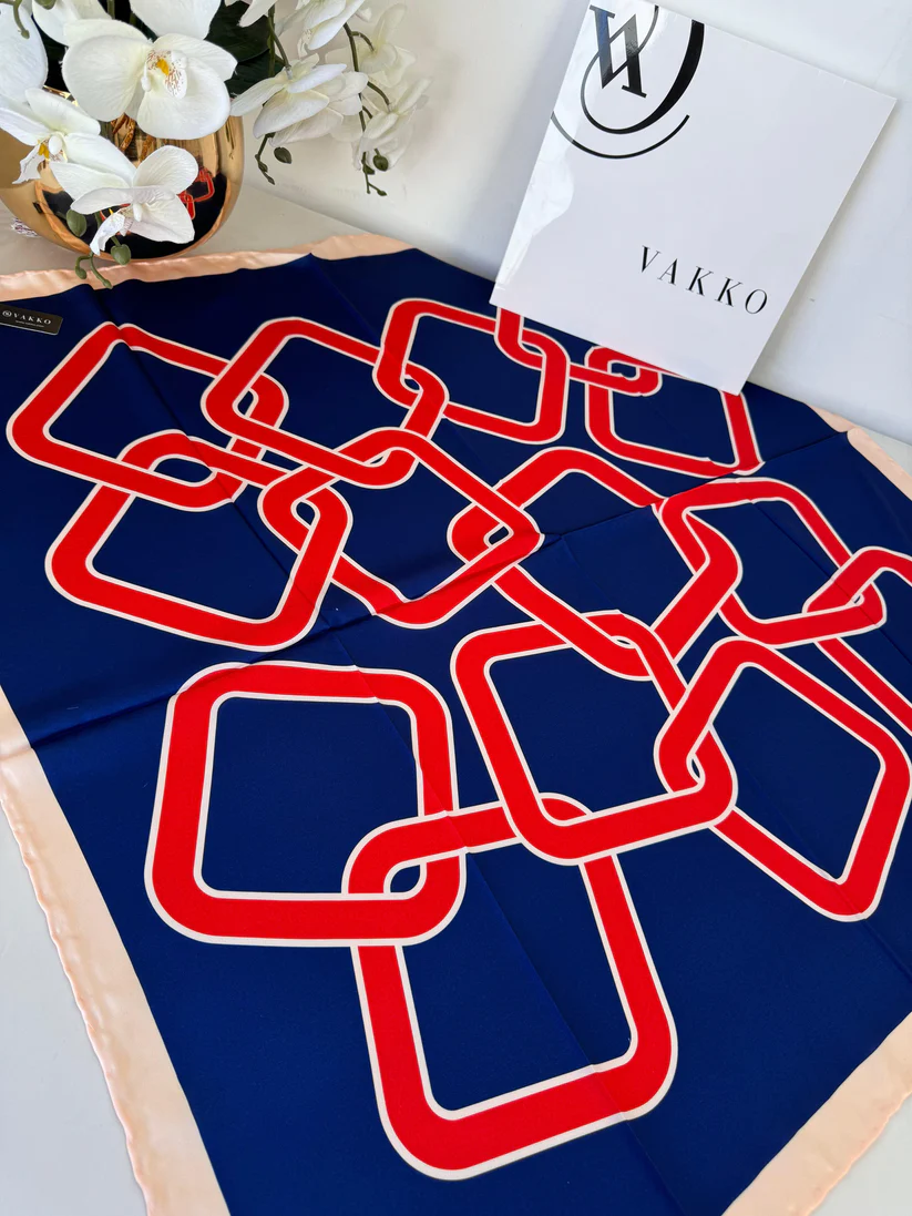 Kare Zincir Desen Vakko Twill Eşarp 77004 - Lacivert