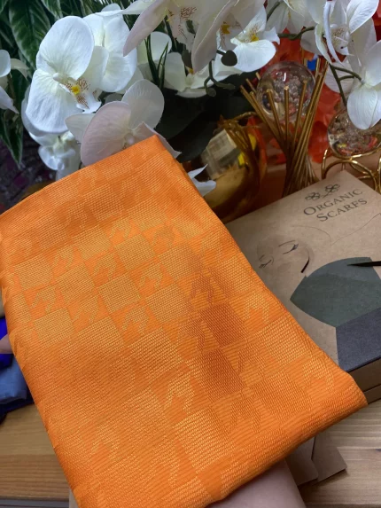 Kazayağı Damalı Desen Pamuk İpek Jakar Şal 88105  - Turuncu