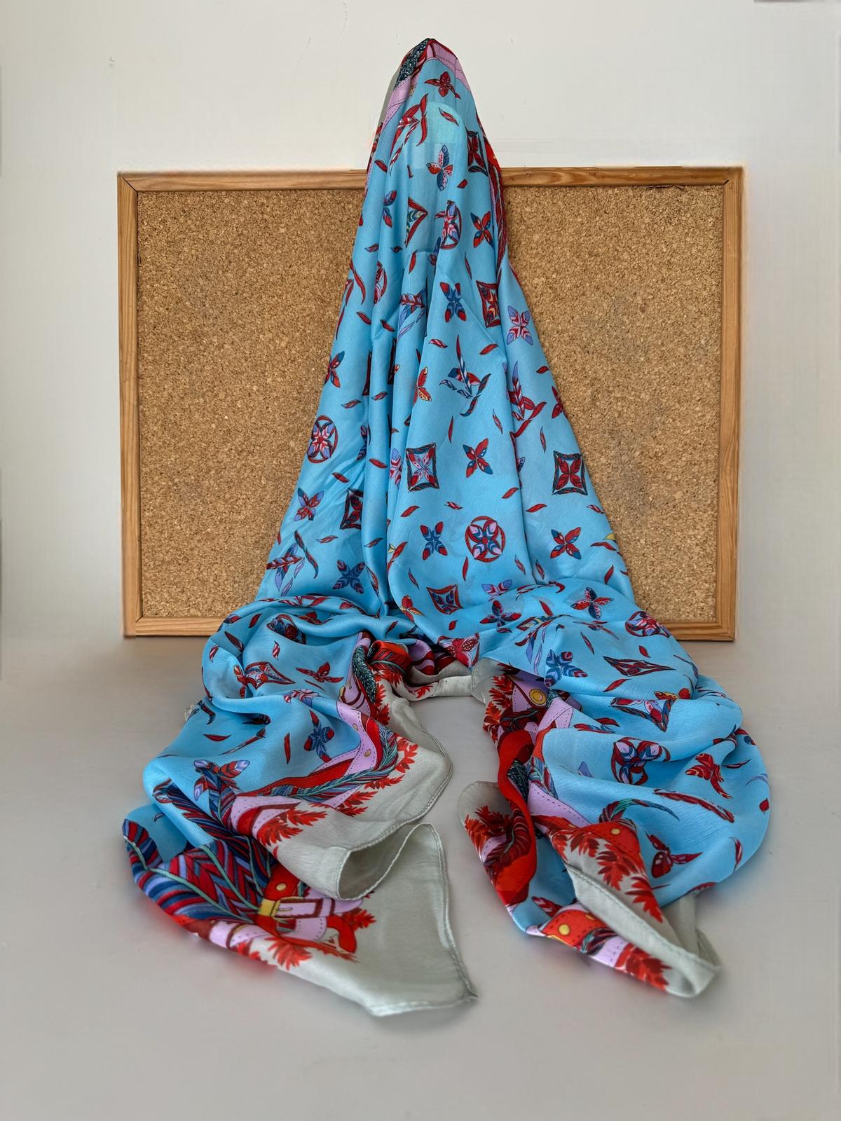 Louis Vuitton Etnik Desen İthal Vual İpek Şal 014461 - Gök Mavisi - Görsel 4