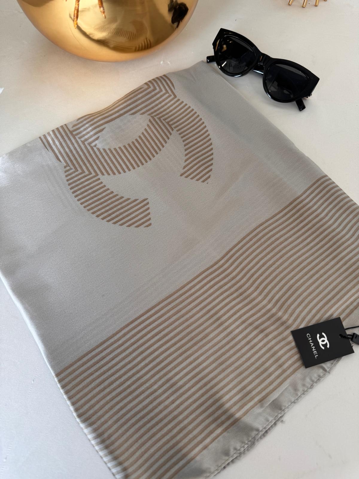 Chanel Çizgili İthal Vual İpek Şal 014461 - Gümüş