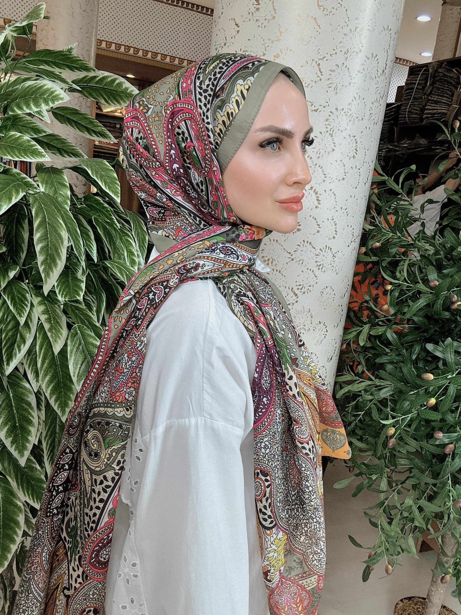 Etnik Etro Desen Pamuk Soft Şal 61534 - Haki