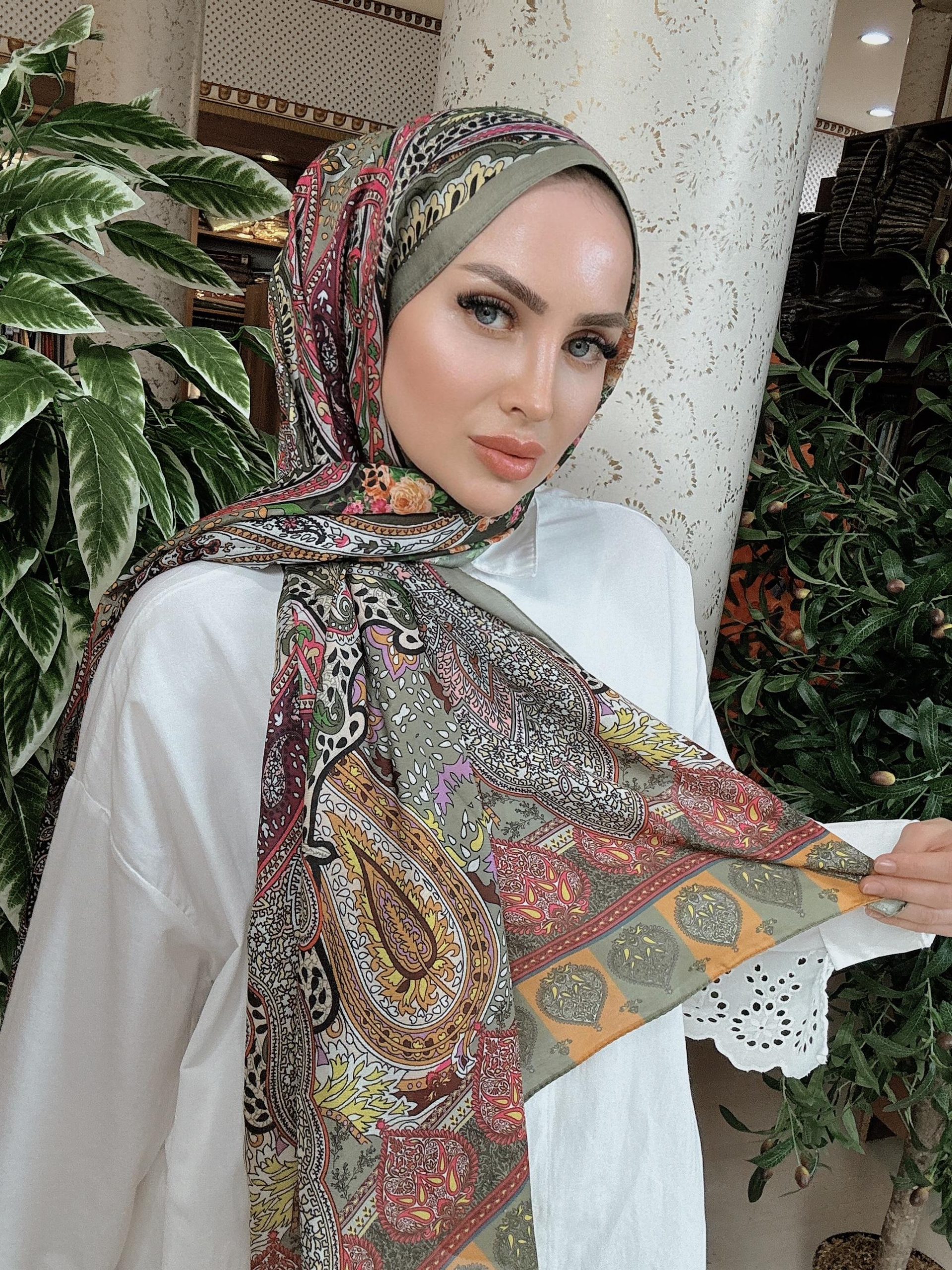 Etnik Etro Desen Pamuk Soft Şal 61534 - Haki - Görsel 2