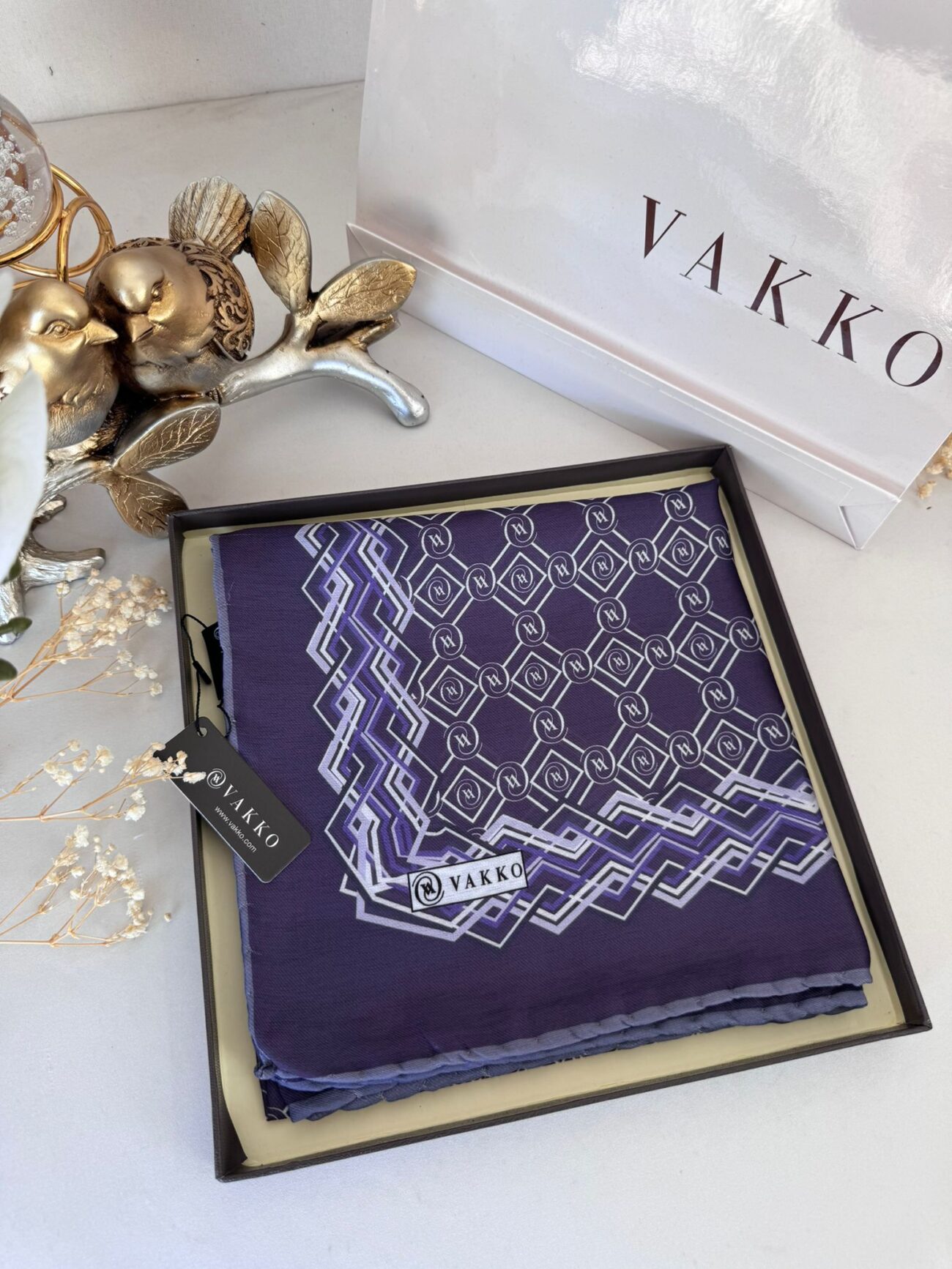 Vakko Şerit Desen Pamuk Soft Eşarp 14589 - Mürdüm