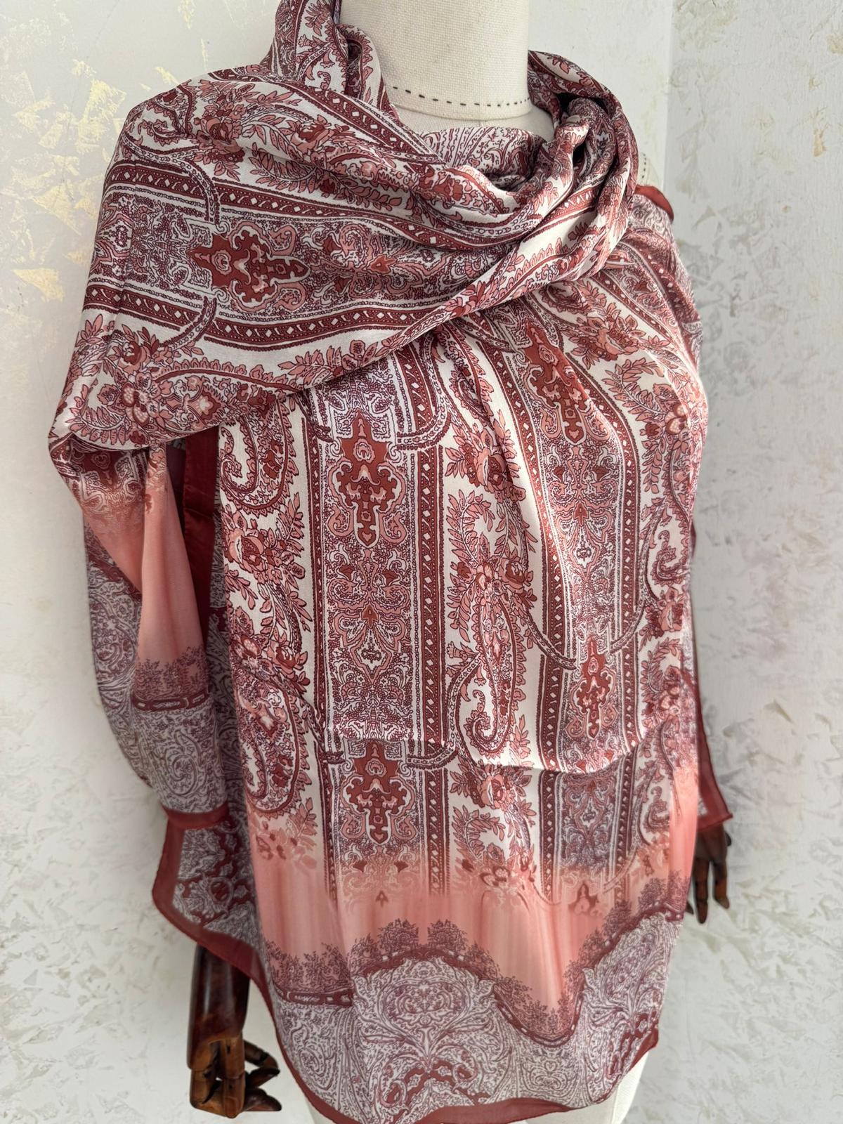 Etro Marka Yeni Sezon İthal Etnik Desen Vual İpek Şal - Kırmızı - Görsel 2