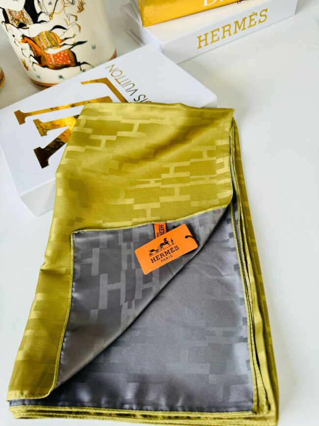 İthal Hermes Çift Taraflı İpek Şal - Yağ Yeşili/Füme