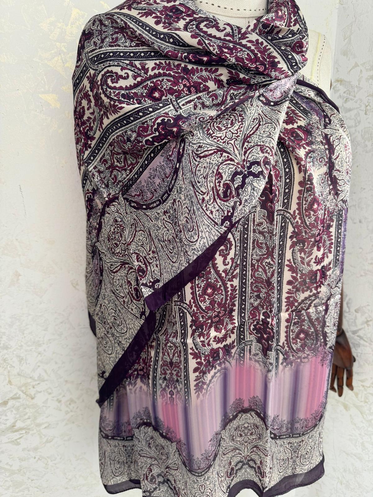 Etro Marka Yeni Sezon İthal Etnik Desen Vual İpek Şal - Mor - Görsel 2
