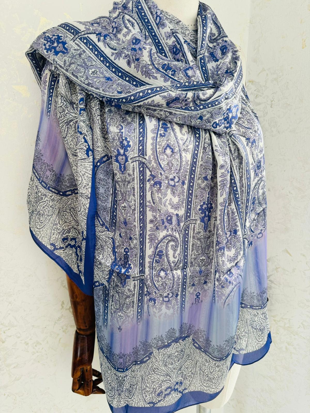 Etro Marka Yeni Sezon İthal Etnik Desen Vual İpek Şal - Saks - Görsel 2