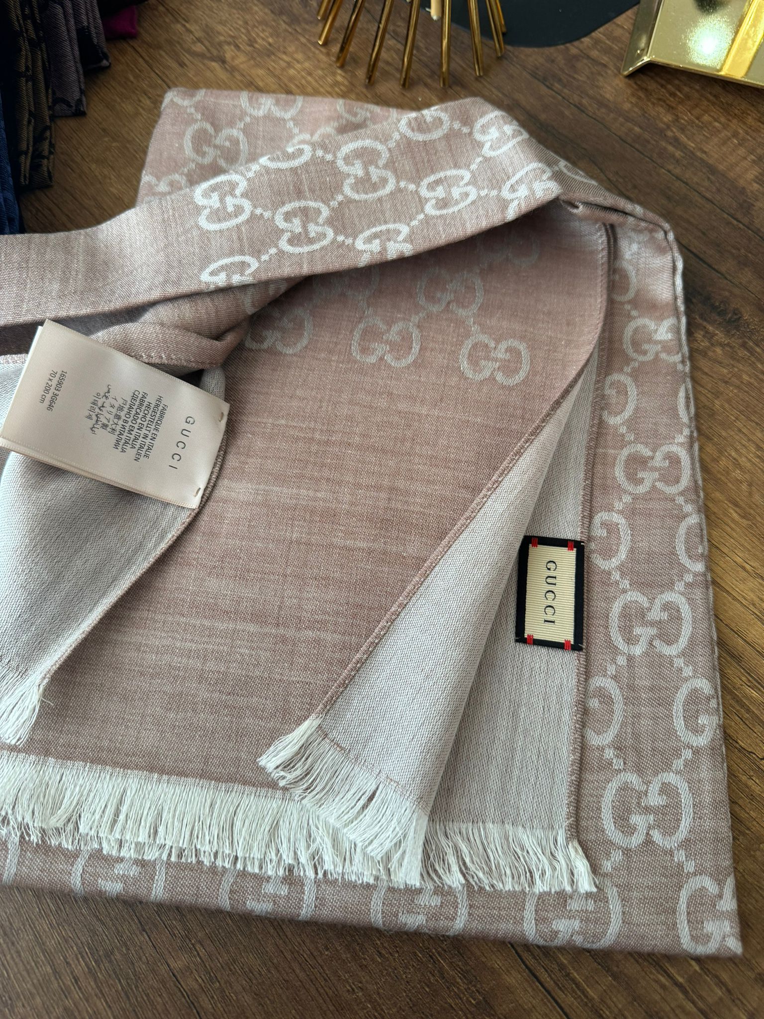 İthal A Kalite Gucci Yun İpek Çİft Taraflı Şal 87452 - Bej