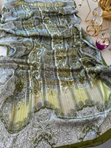 Etro Marka Yeni Sezon İthal Etnik Desen Vual İpek Şal - Haki