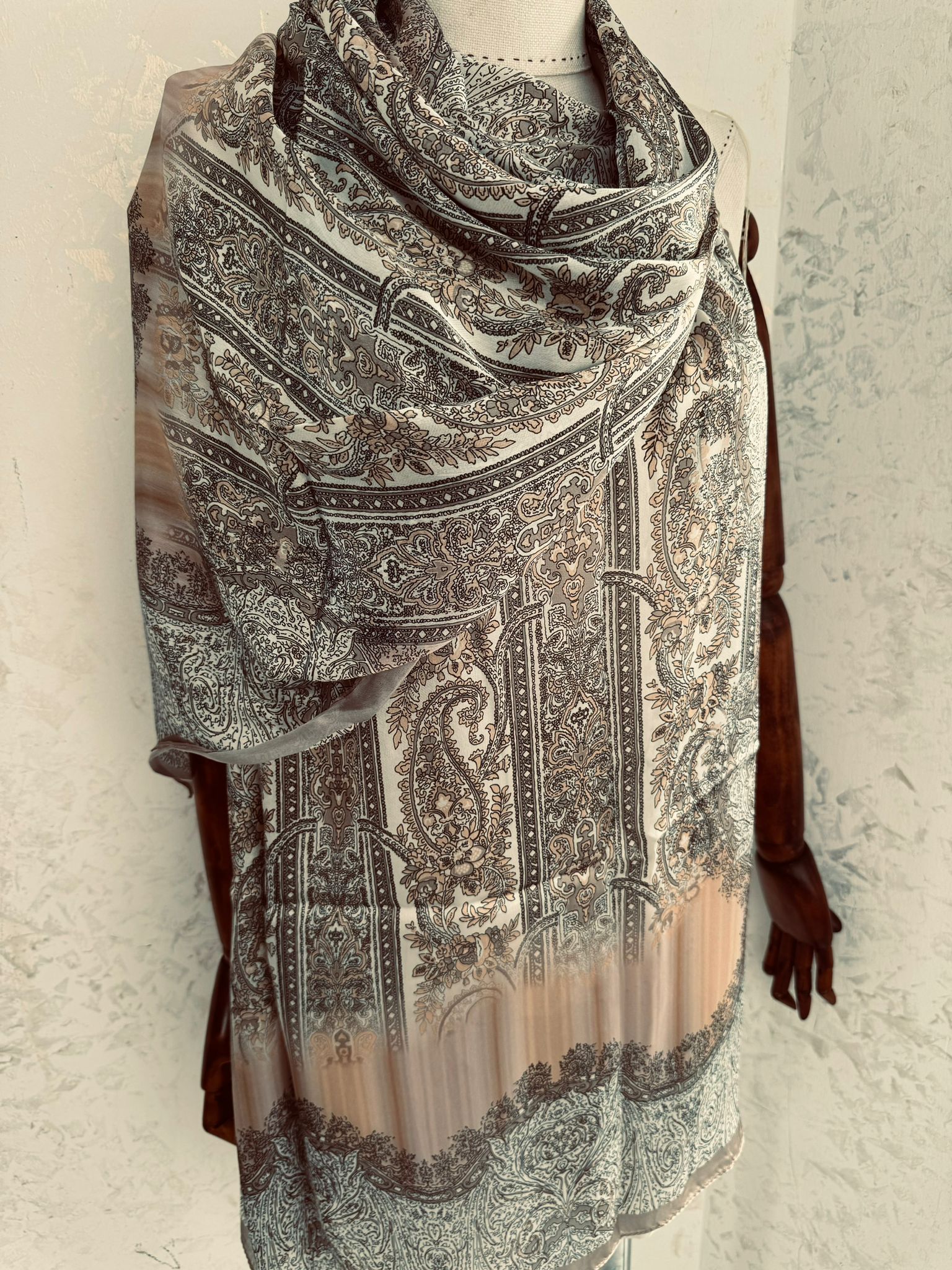 Etro Marka Yeni Sezon İthal Etnik Desen Vual İpek Şal - Bej - Görsel 2