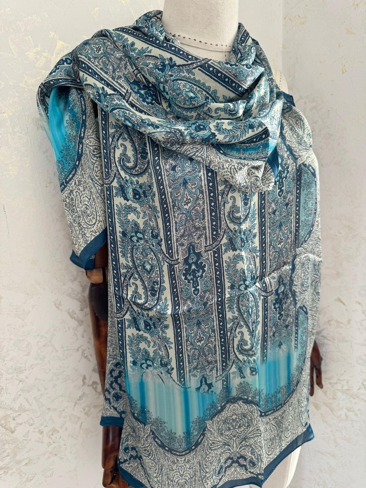 Etro Marka Yeni Sezon İthal Etnik Desen Vual İpek Şal - Petrol - Görsel 2